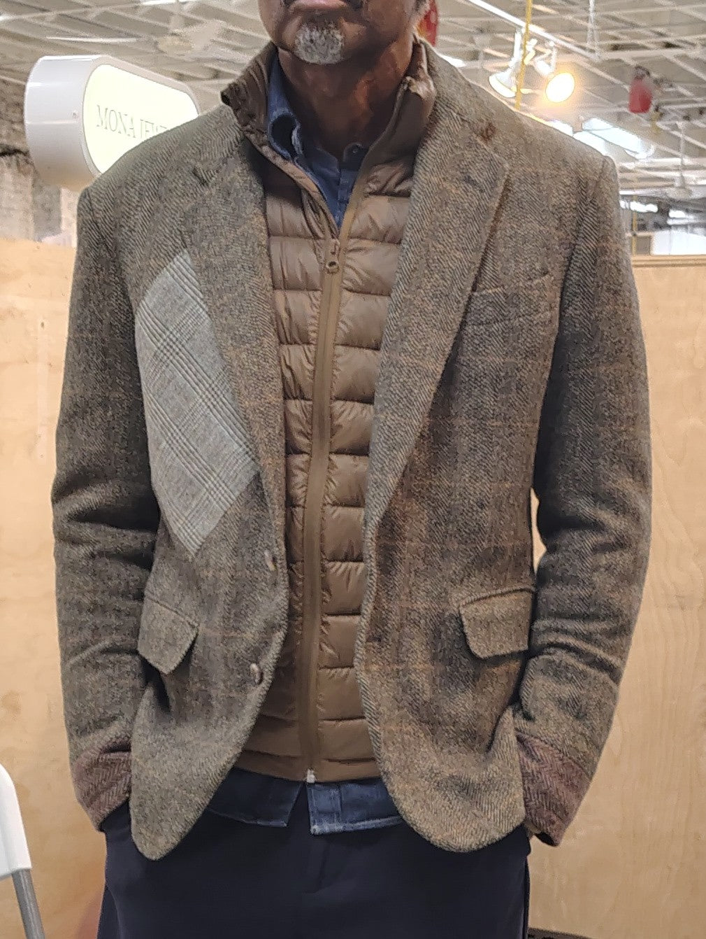 Blazer, jacket, Men's natural light brown Tweed Blazer with wool cuffs, repurposed, one of a kind. Designed by Wendel Johnston