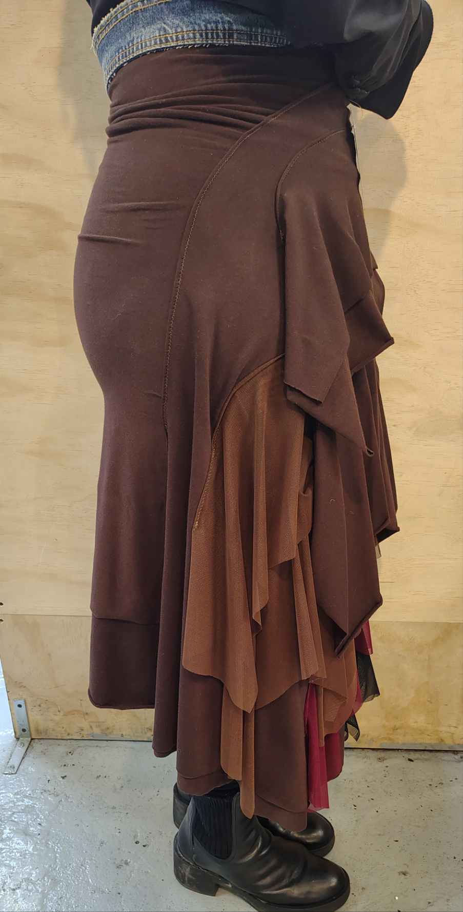 Chocolate Swirl cotton Lycra Maxi drape skirt with is doubled for support. Mesh fabric brings lots of movement. Size 8