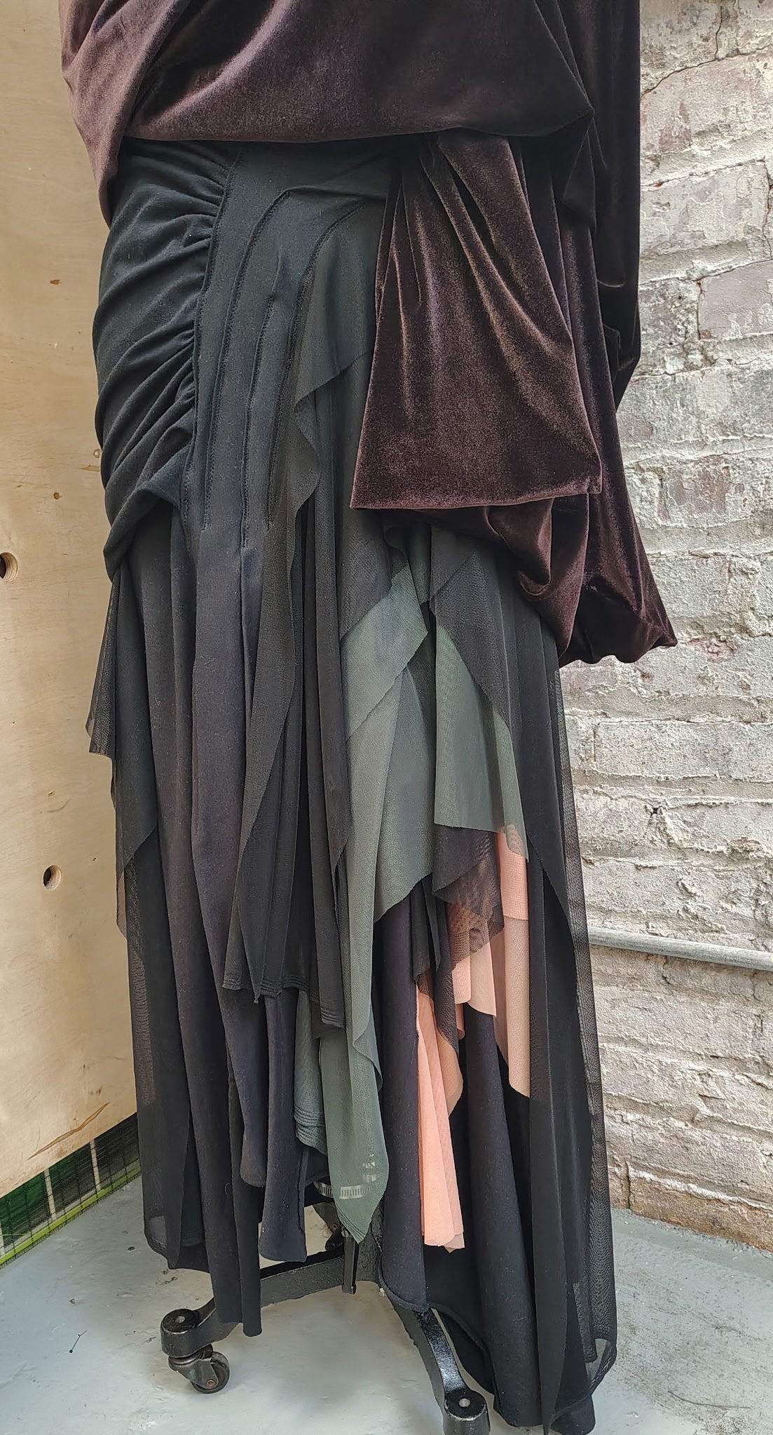 Adorn Me : Size 6-18 to order. $185. 7 day ship out. Cotton Lycra comfy high waist skirt. Side Ruching, stitch detail, and mesh layers. Simple or a mesh cascade. Hand Steam your skirt works well.