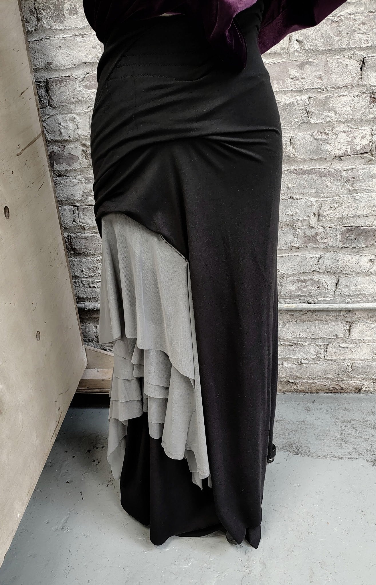 Gracie: Size 7-9 to order. $185. 7 day ship out. Cotton Lycra comfy high waist skirt. Side Ruching, stitch detail, and mesh layers. Simple or a mesh cascade. Hand Steam your skirt works well.