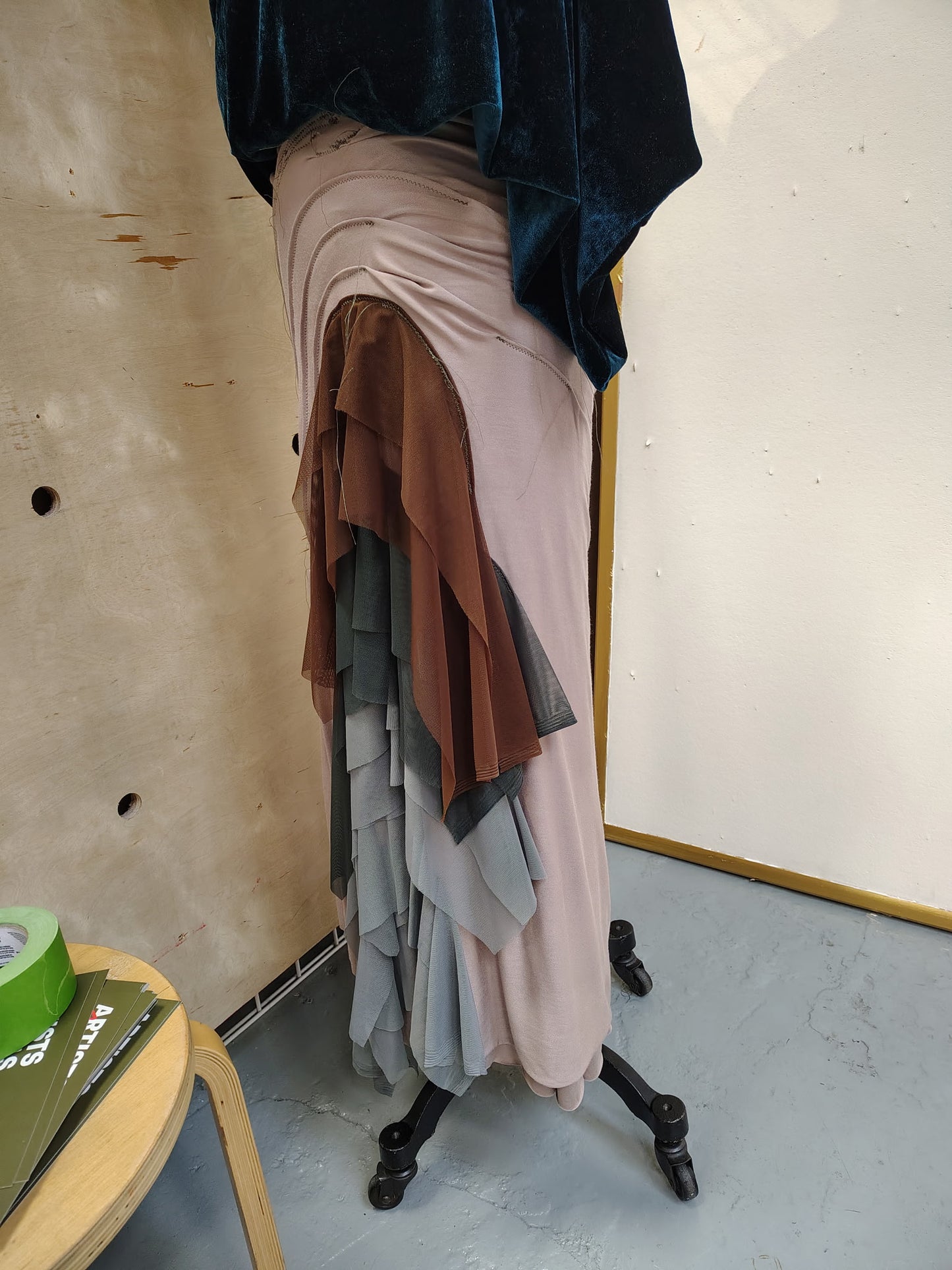 Overly lay $175
Rayon Lycra nude color stitch detail, high waist drape skirt. Flowy mesh