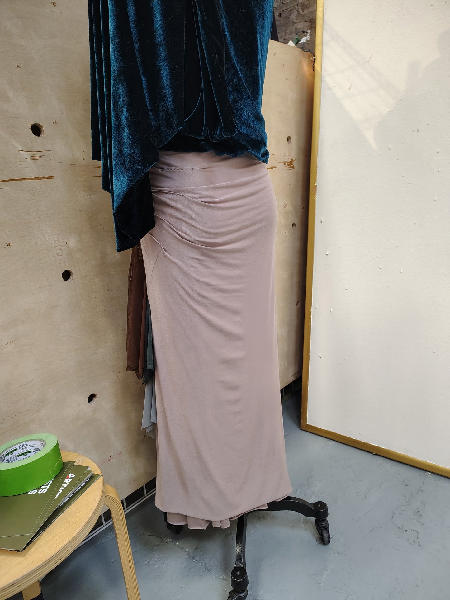Overly lay $175
Rayon Lycra nude color stitch detail, high waist drape skirt. Flowy mesh