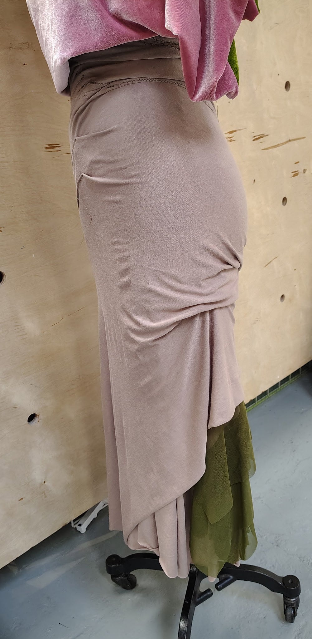 Peek a boo $165
high waist drape skirt, plain front, back has layers of olive mesh.