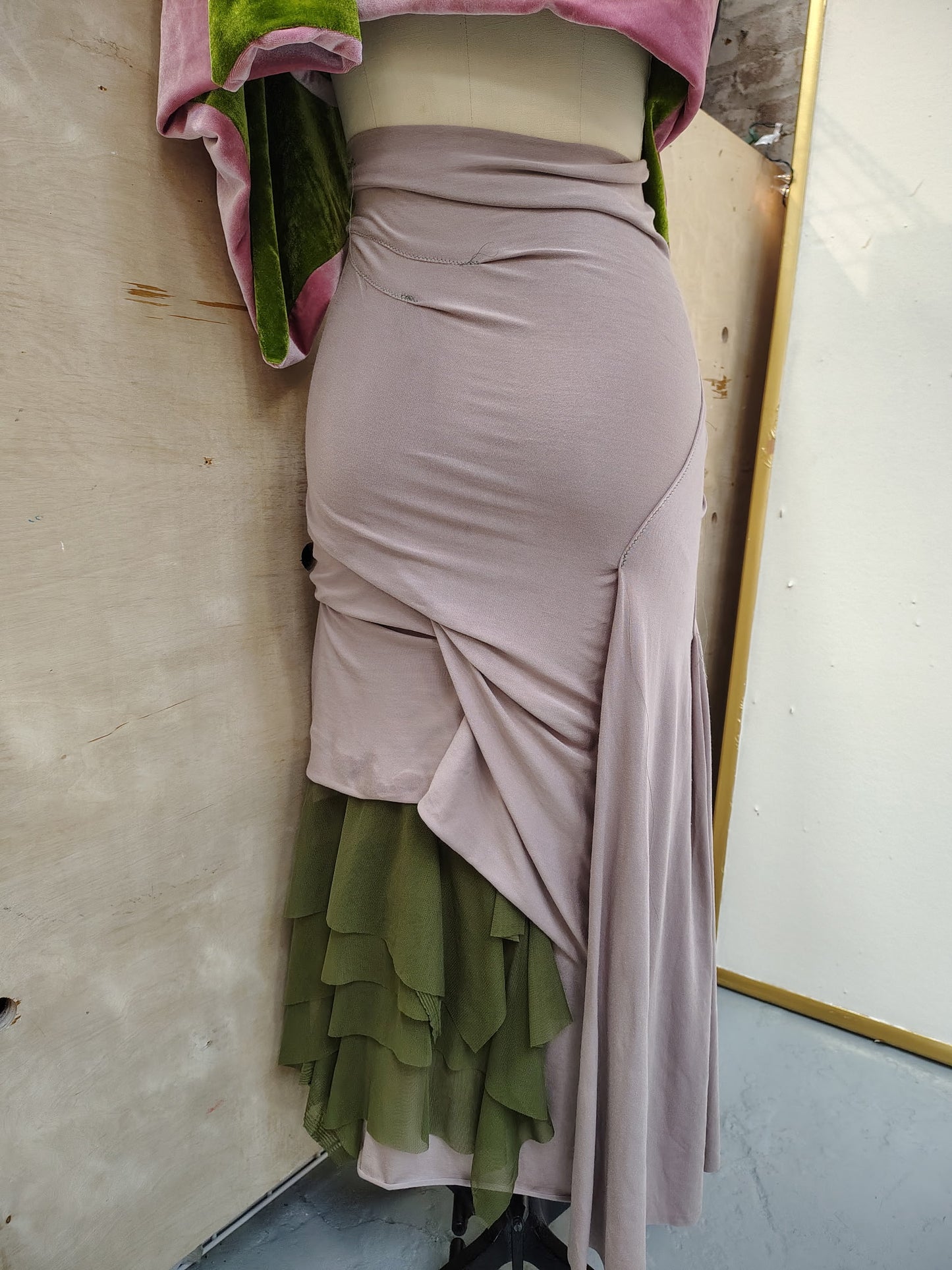 Peek a boo $165
high waist drape skirt, plain front, back has layers of olive mesh.