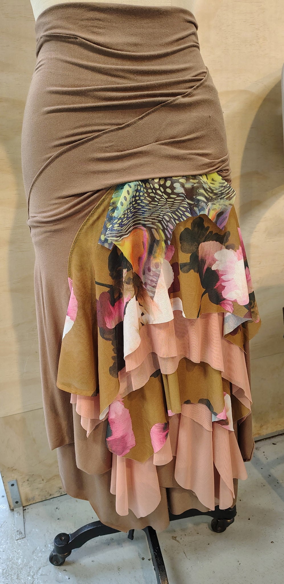 Warm Flamingo size 8, $155 Taupe skirt rayon lycra, skirt ready for movement. Designed and made by Cheryl Johnston