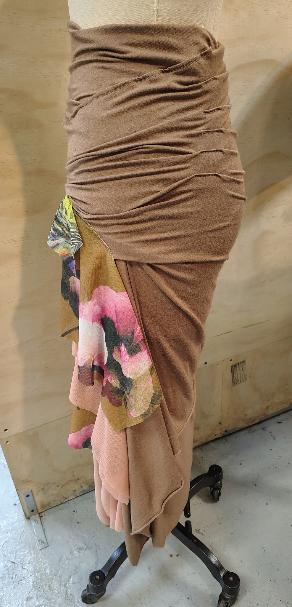 Warm Flamingo size 8, $155 Taupe skirt rayon lycra, skirt ready for movement. Designed and made by Cheryl Johnston