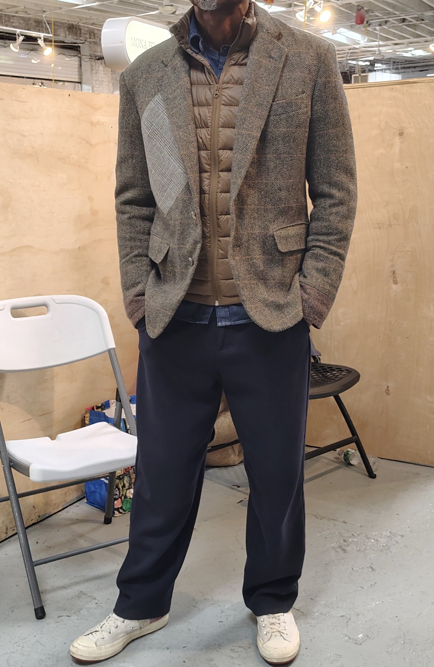 Blazer, jacket, Men's natural light brown Tweed Blazer with wool cuffs, repurposed, one of a kind. Designed by Wendel Johnston