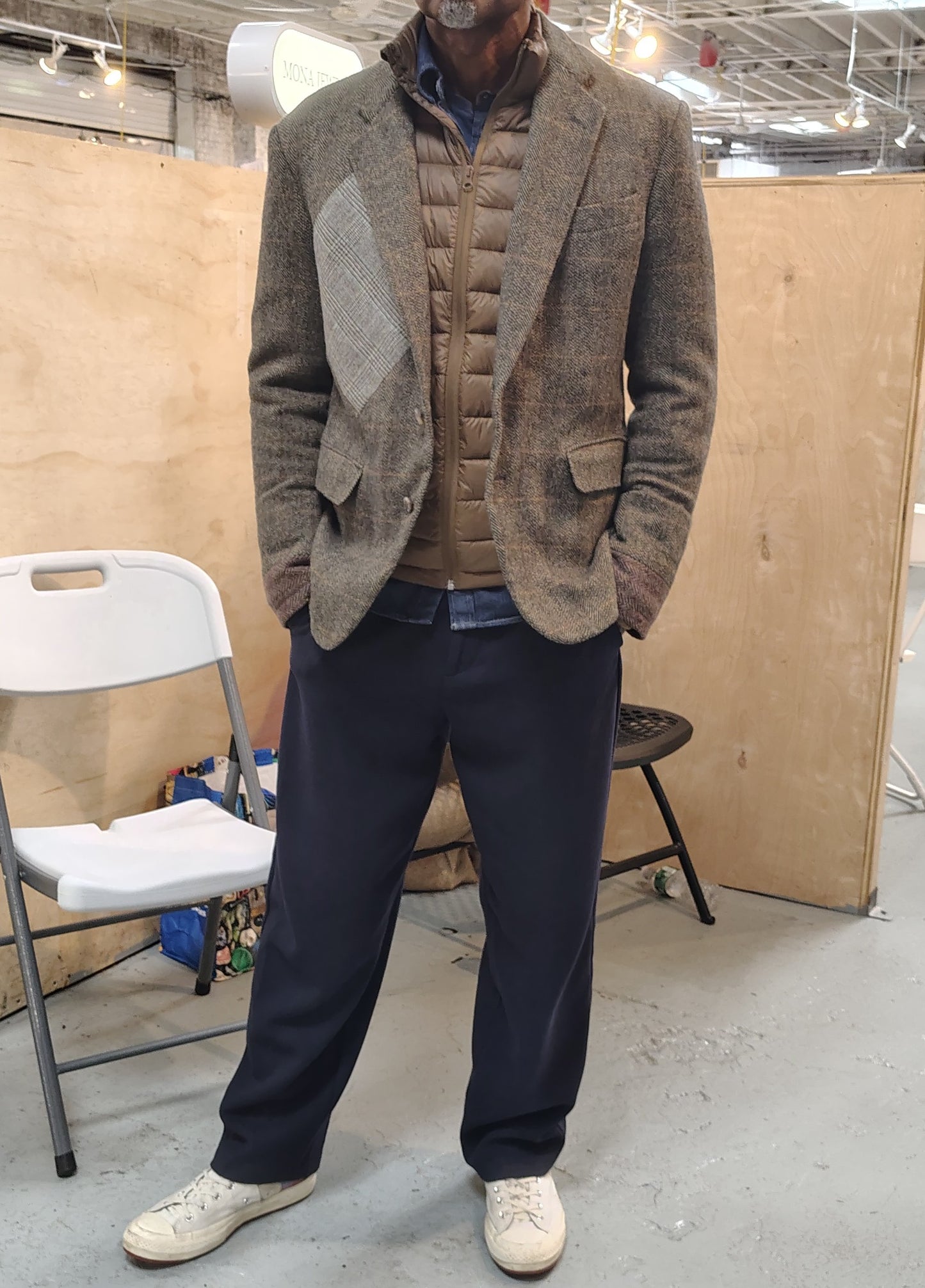Blazer, jacket, Men's natural light brown Tweed Blazer with wool cuffs, repurposed, one of a kind. Designed by Wendel Johnston
