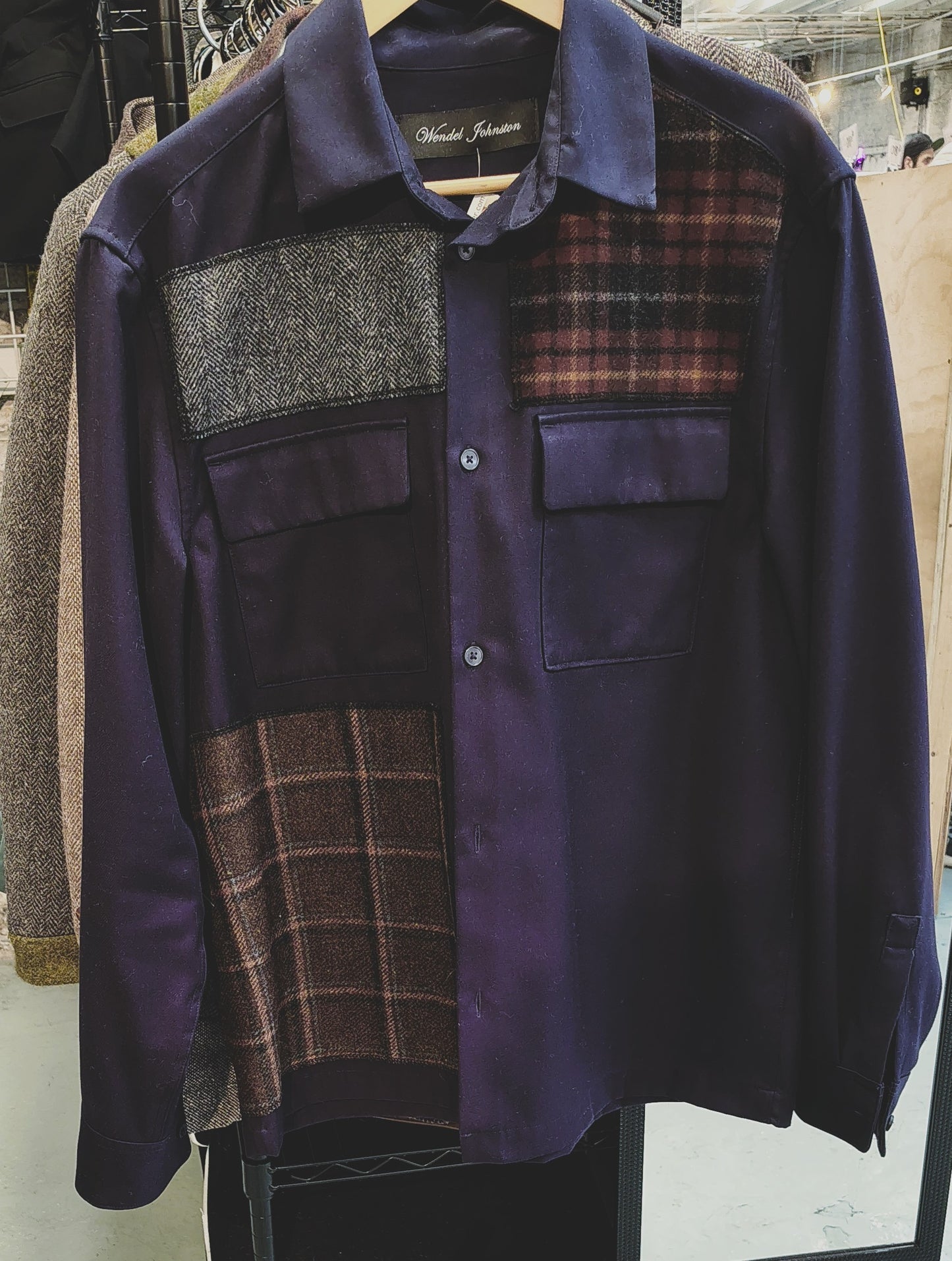 Navy shirt jacket, size medium, overshirt , Mens, wool patchwork, tweed embellishments, repurposed, one of a kind. Designed by Wendel Johnston