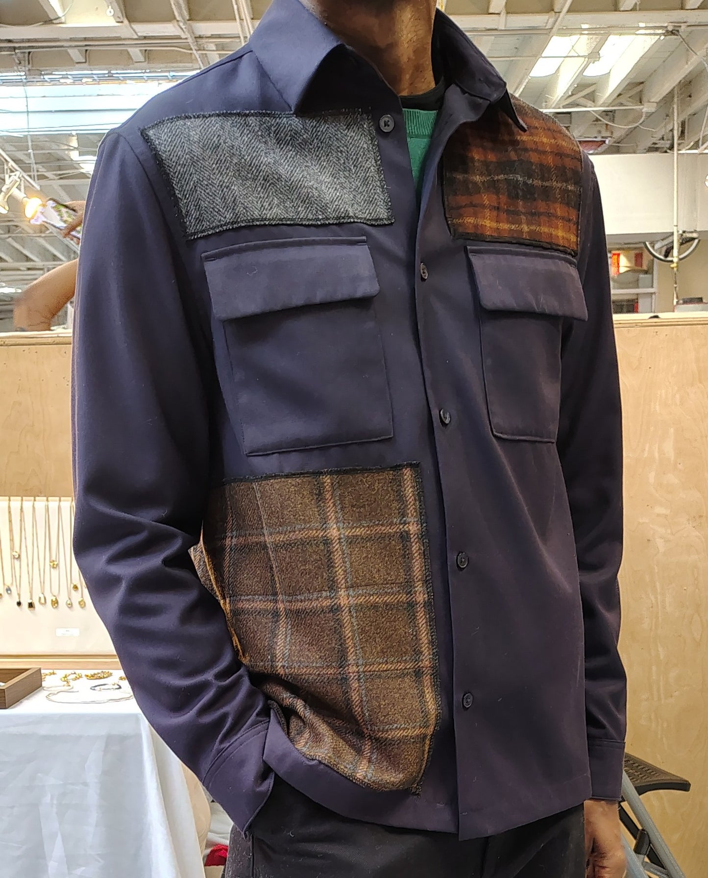 Navy shirt jacket, size medium, overshirt , Mens, wool patchwork, tweed embellishments, repurposed, one of a kind. Designed by Wendel Johnston