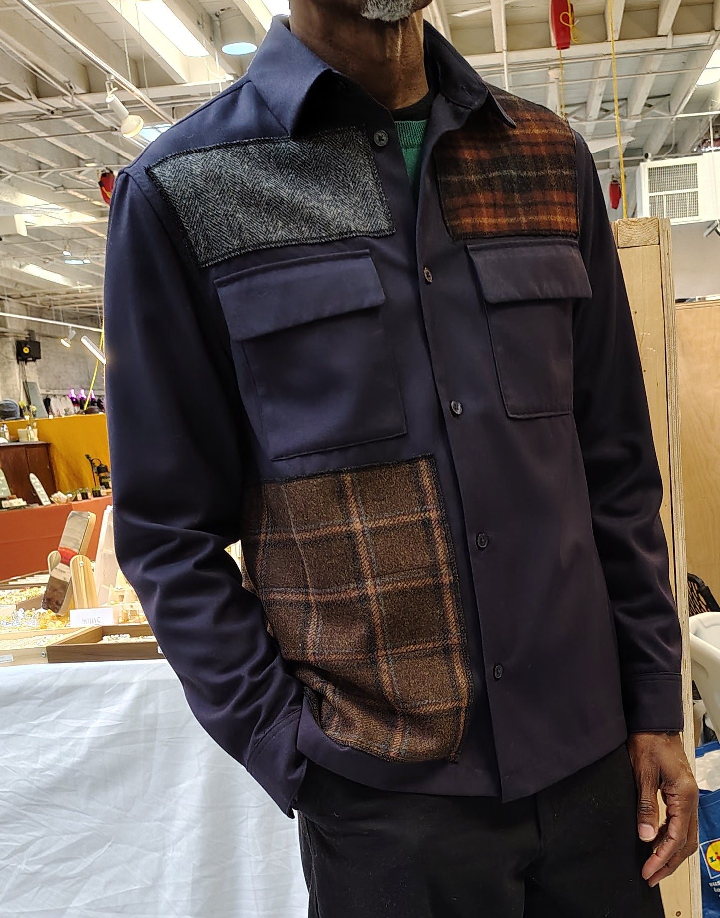 Navy shirt jacket, size medium, overshirt , Mens, wool patchwork, tweed embellishments, repurposed, one of a kind. Designed by Wendel Johnston