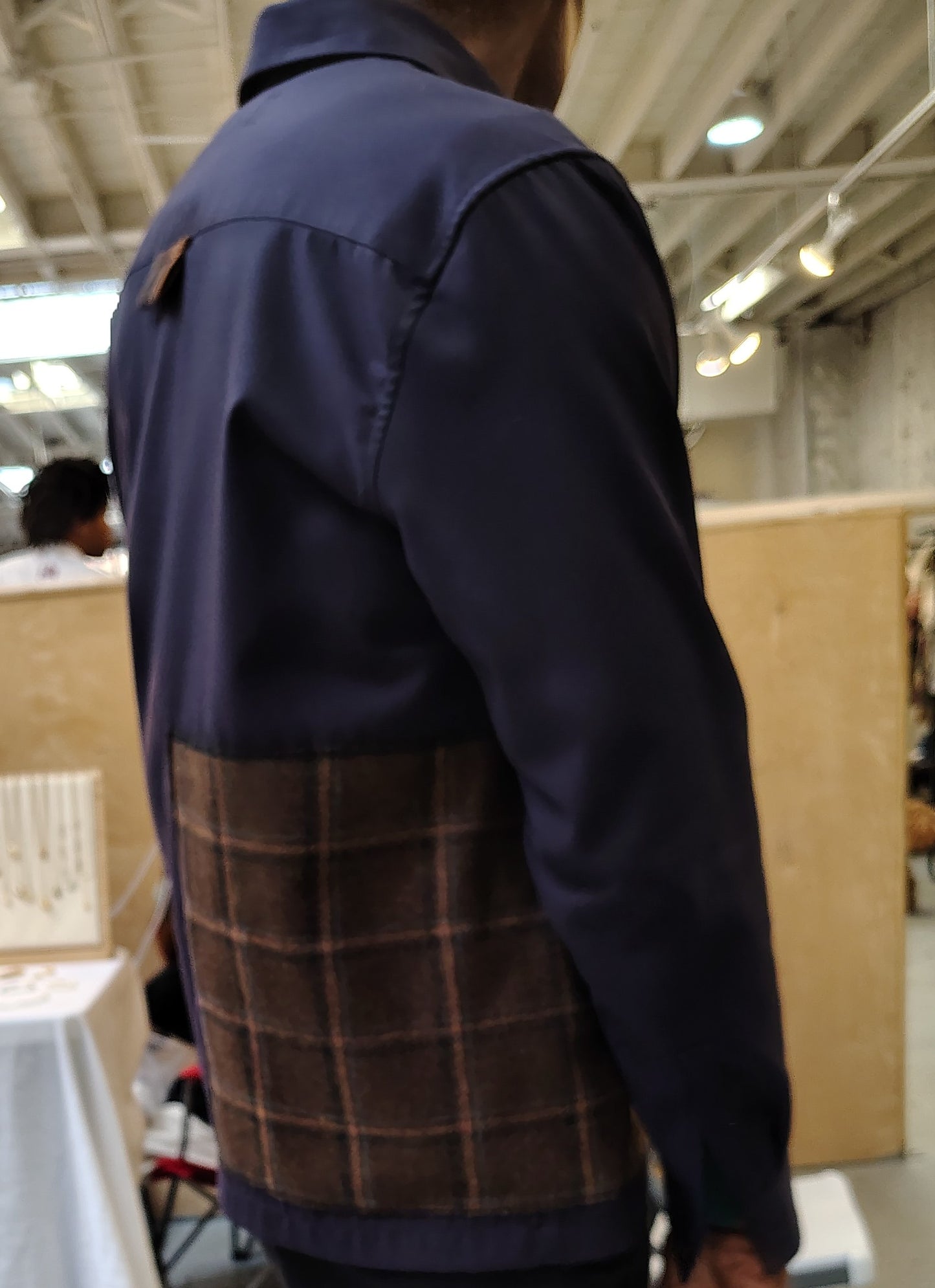 Navy shirt jacket, size medium, overshirt , Mens, wool patchwork, tweed embellishments, repurposed, one of a kind. Designed by Wendel Johnston