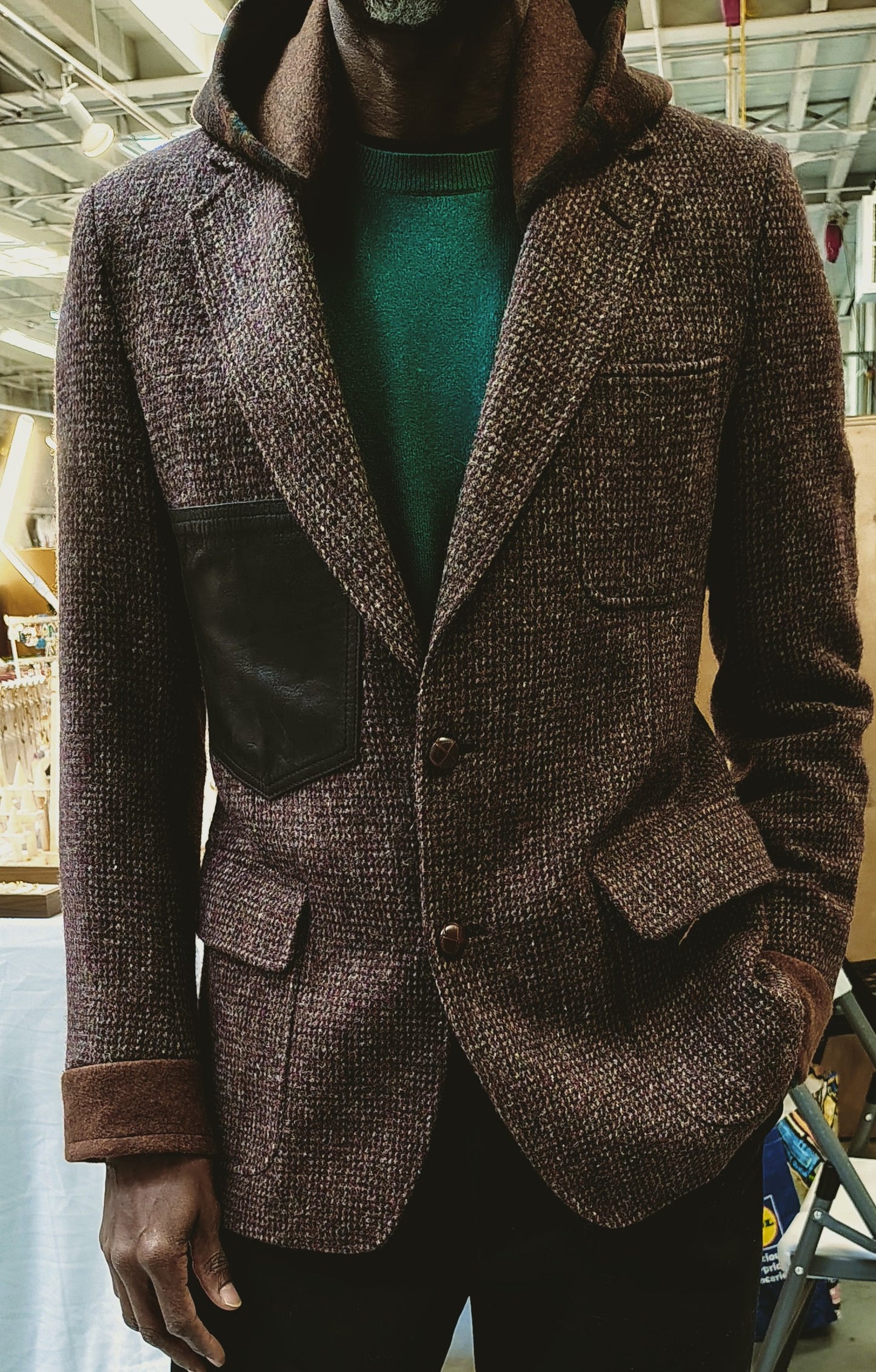 Brown maroon tweed wool hooded jacket,Blazer, jacket, Mens, Tweed, wool cuff, wool patchwork, repurposed, one of a kind. Designed by Wendel Johnston