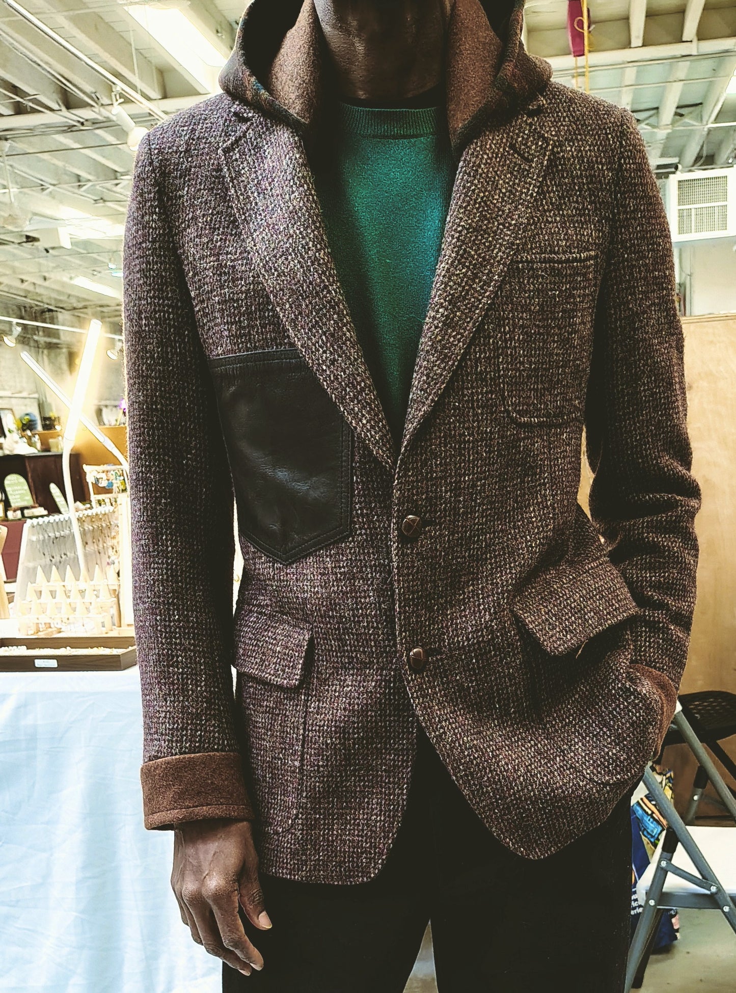 Brown maroon tweed wool hooded jacket,Blazer, jacket, Mens, Tweed, wool cuff, wool patchwork, repurposed, one of a kind. Designed by Wendel Johnston