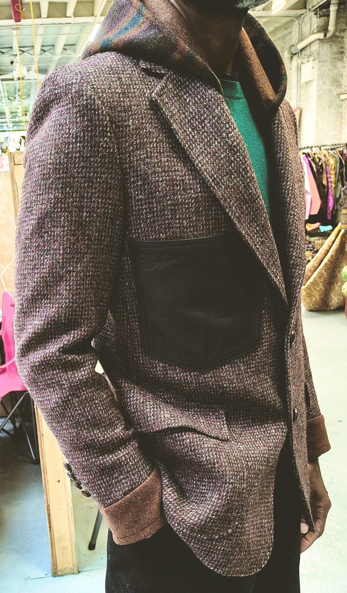 Brown maroon tweed wool hooded jacket,Blazer, jacket, Mens, Tweed, wool cuff, wool patchwork, repurposed, one of a kind. Designed by Wendel Johnston