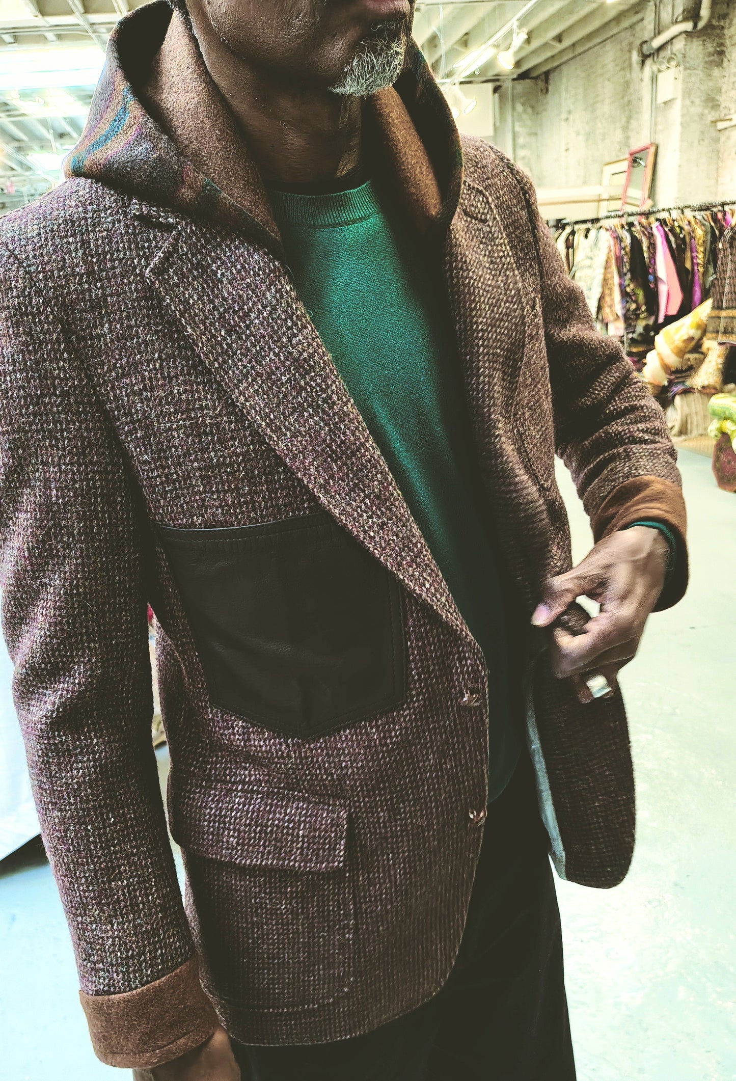 Brown maroon tweed wool hooded jacket,Blazer, jacket, Mens, Tweed, wool cuff, wool patchwork, repurposed, one of a kind. Designed by Wendel Johnston