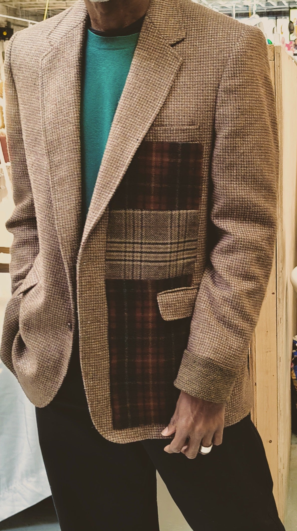 Light brown tweed, wool,Blazer, jacket, Mens Tweed, wool patchwork,Blazer wool cuffs, repurposed, one of a kind. Designed by Wendel Johnston