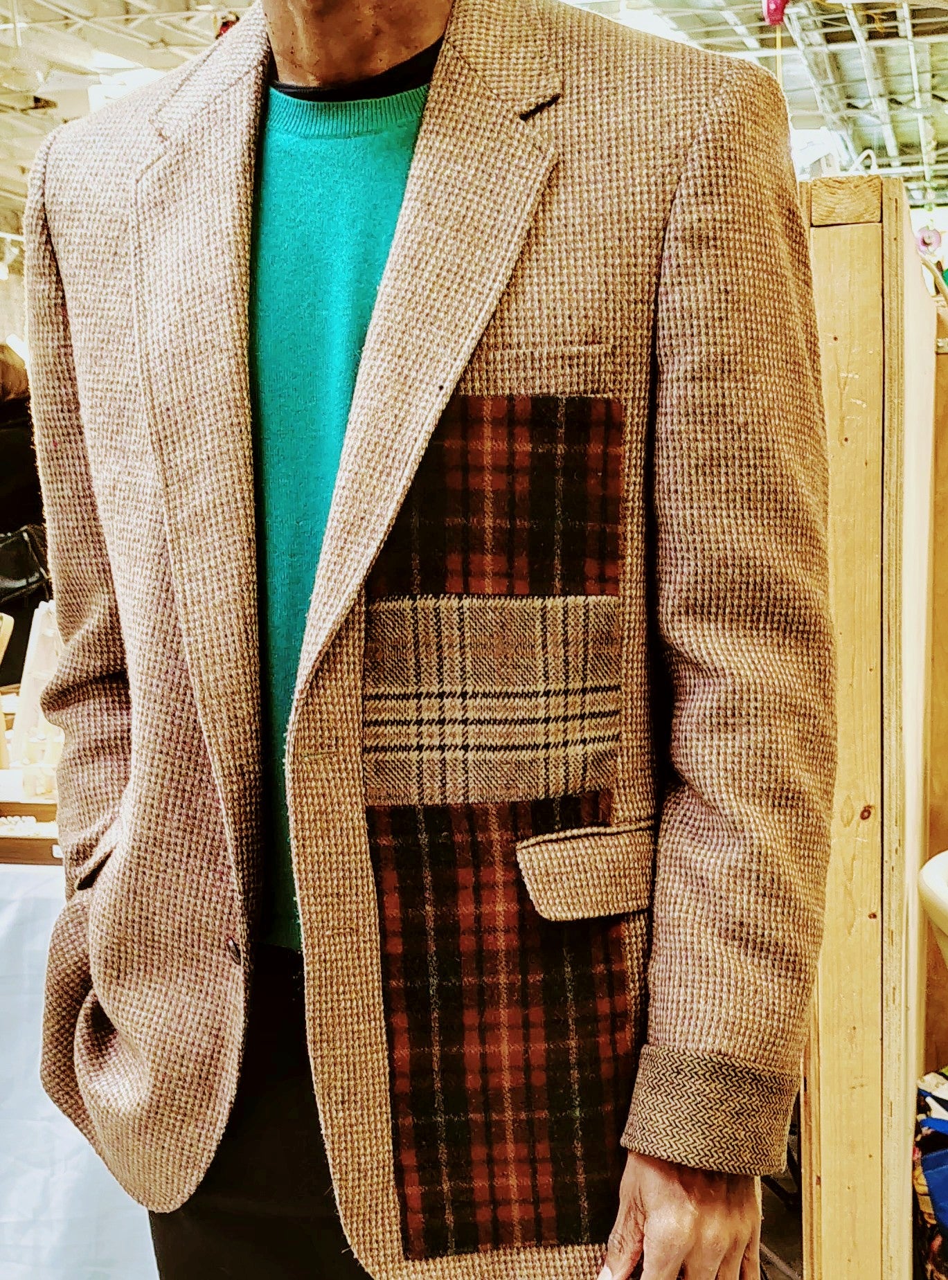 Light brown tweed, wool,Blazer, jacket, Mens Tweed, wool patchwork,Blazer wool cuffs, repurposed, one of a kind. Designed by Wendel Johnston