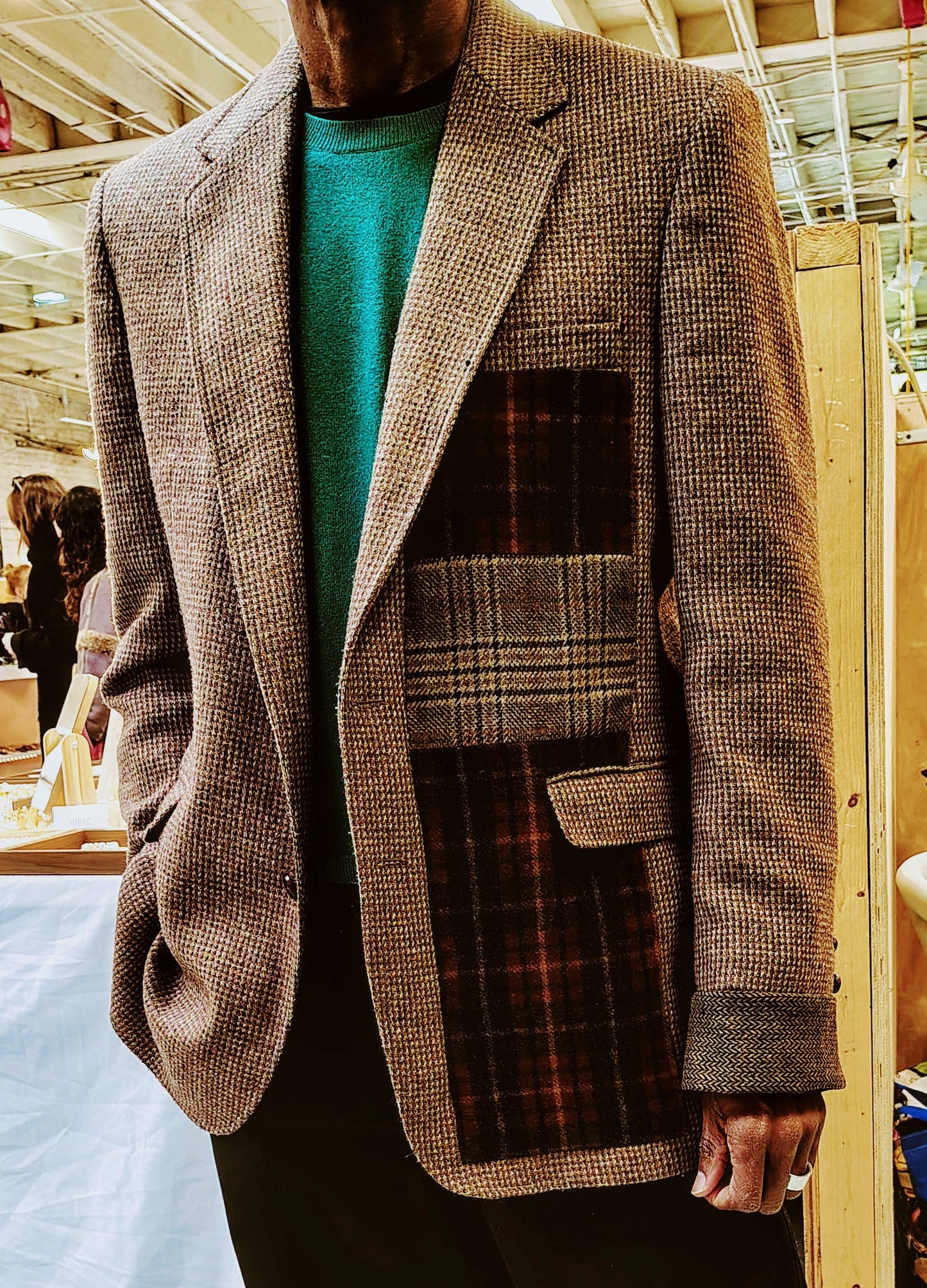 Light brown tweed, wool,Blazer, jacket, Mens Tweed, wool patchwork,Blazer wool cuffs, repurposed, one of a kind. Designed by Wendel Johnston