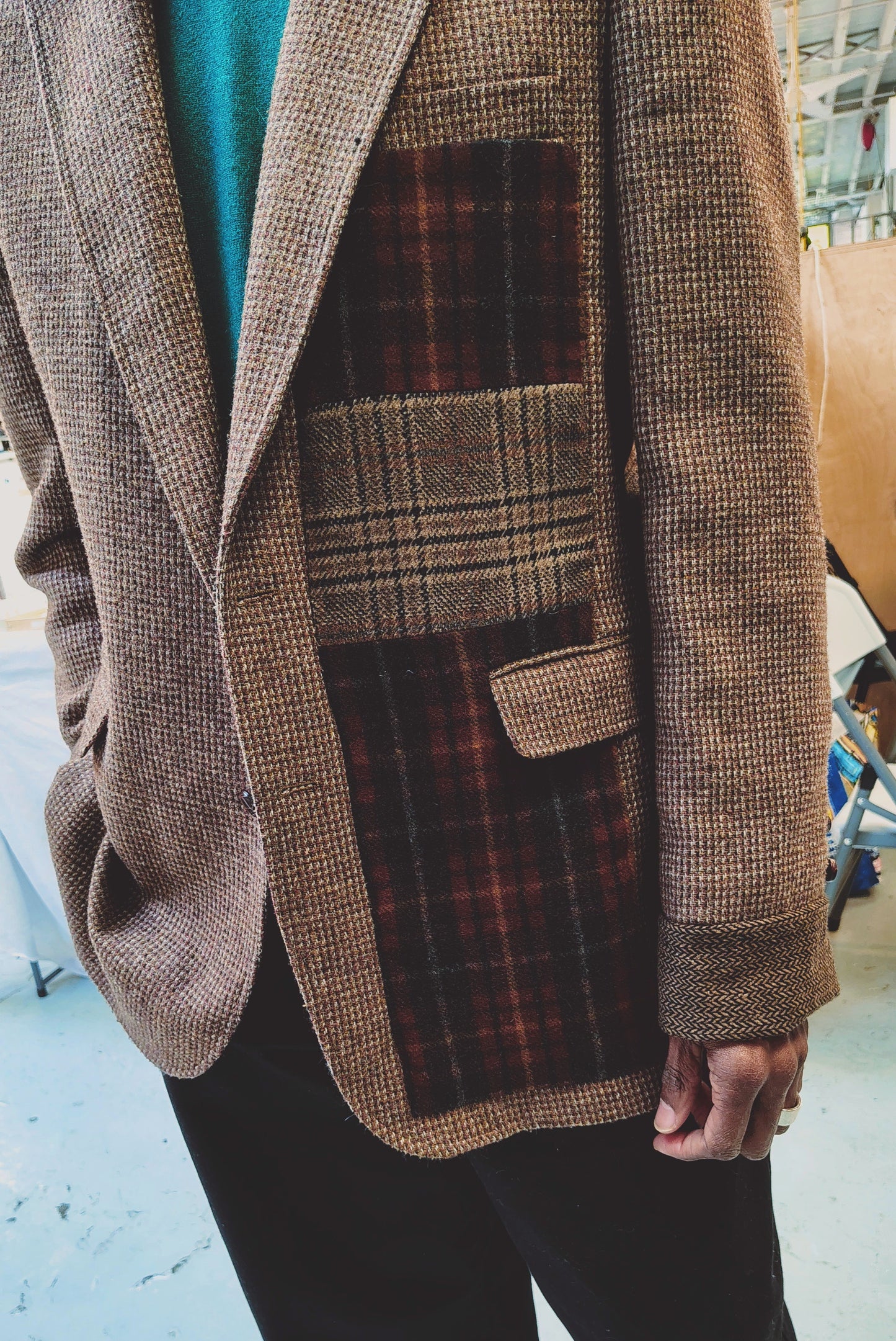 Light brown tweed, wool,Blazer, jacket, Mens Tweed, wool patchwork,Blazer wool cuffs, repurposed, one of a kind. Designed by Wendel Johnston
