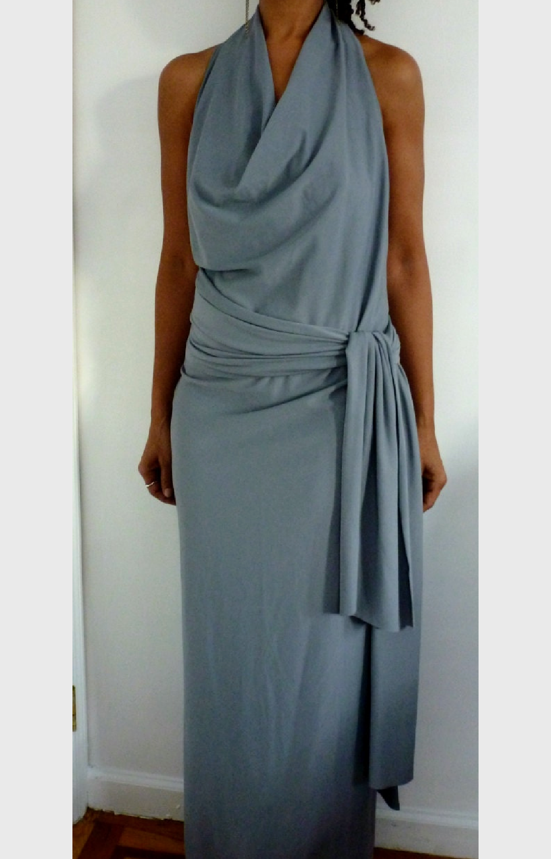 Kelly green spandex low back dress with cowl neck and drape tye