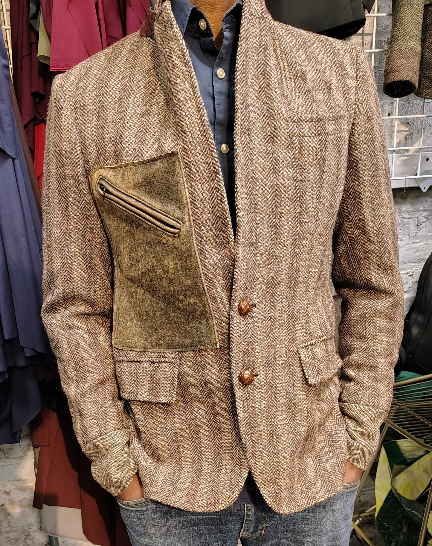 Deep beige tweed wool jacket,Blazer, leather trimmed collar jacket, Mens, Tweed, wool cuff, leather patch pocket, repurposed, one of a kind. Designed by Wendel Johnston