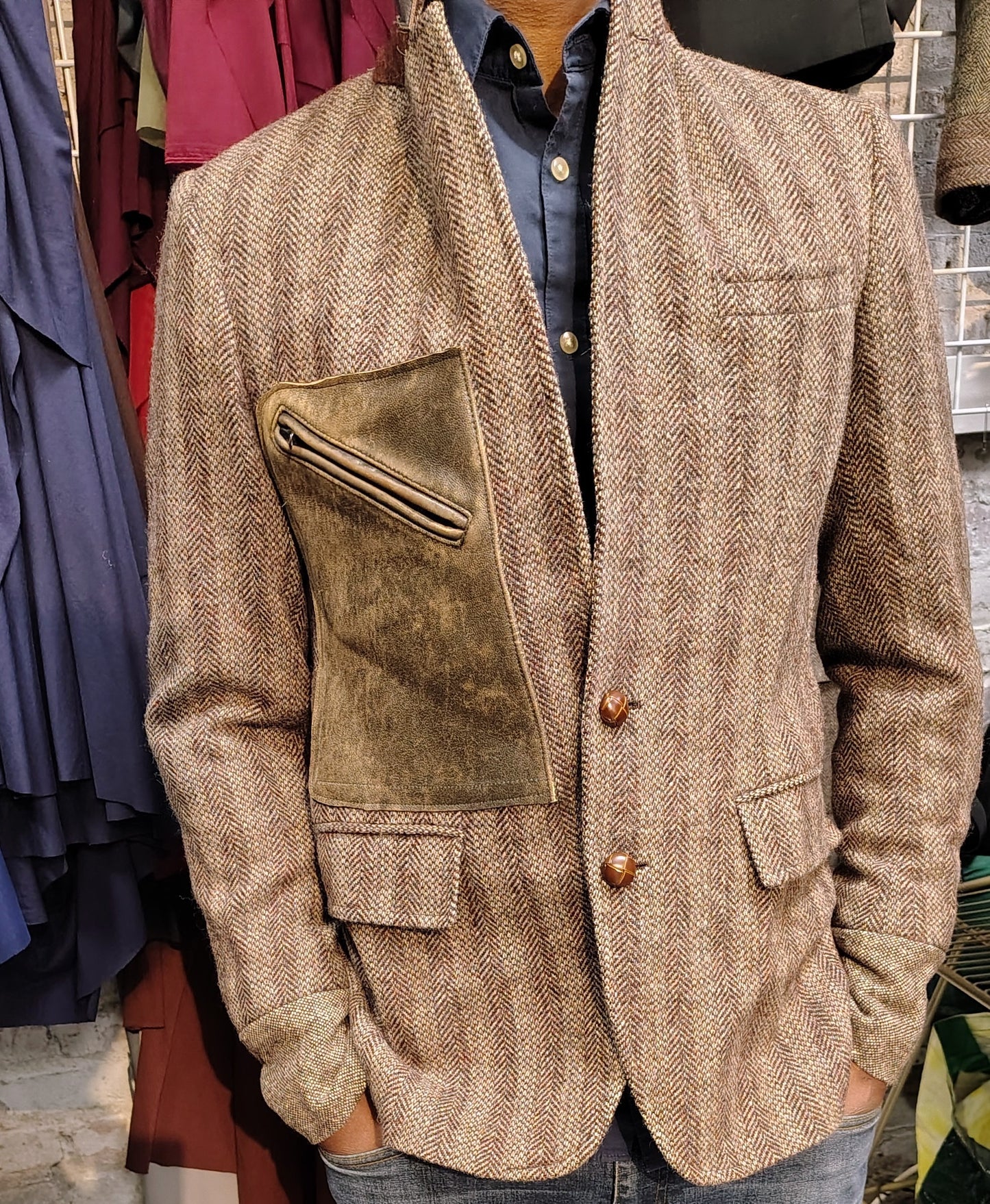 Deep beige tweed wool jacket,Blazer, leather trimmed collar jacket, Mens, Tweed, wool cuff, leather patch pocket, repurposed, one of a kind. Designed by Wendel Johnston