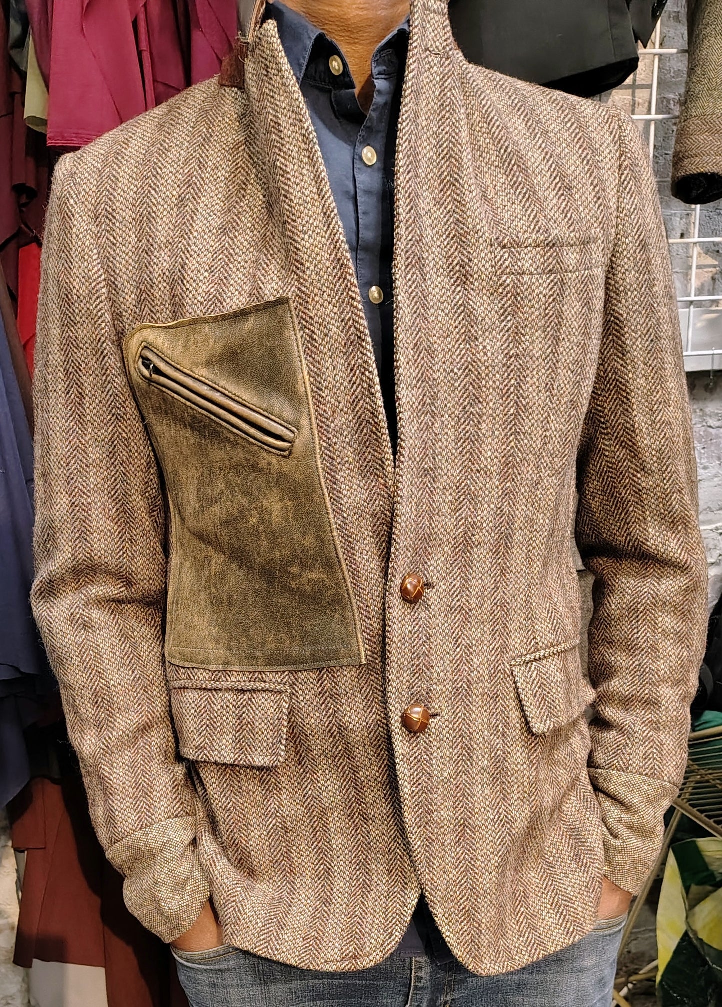 Deep beige tweed wool jacket,Blazer, leather trimmed collar jacket, Mens, Tweed, wool cuff, leather patch pocket, repurposed, one of a kind. Designed by Wendel Johnston