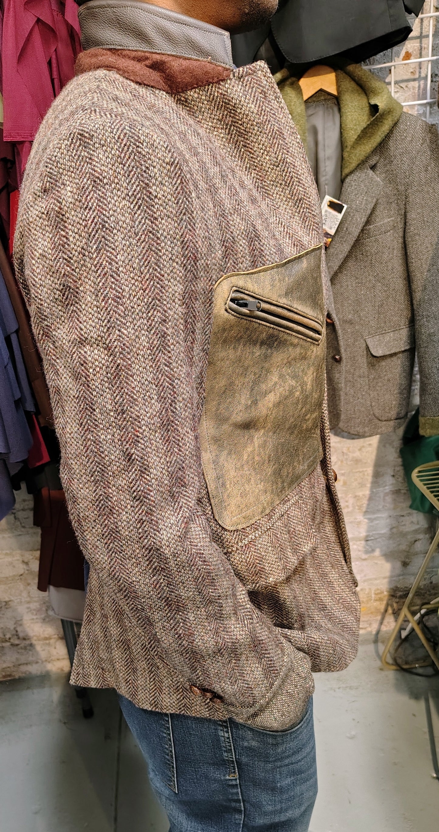Deep beige tweed wool jacket,Blazer, leather trimmed collar jacket, Mens, Tweed, wool cuff, leather patch pocket, repurposed, one of a kind. Designed by Wendel Johnston