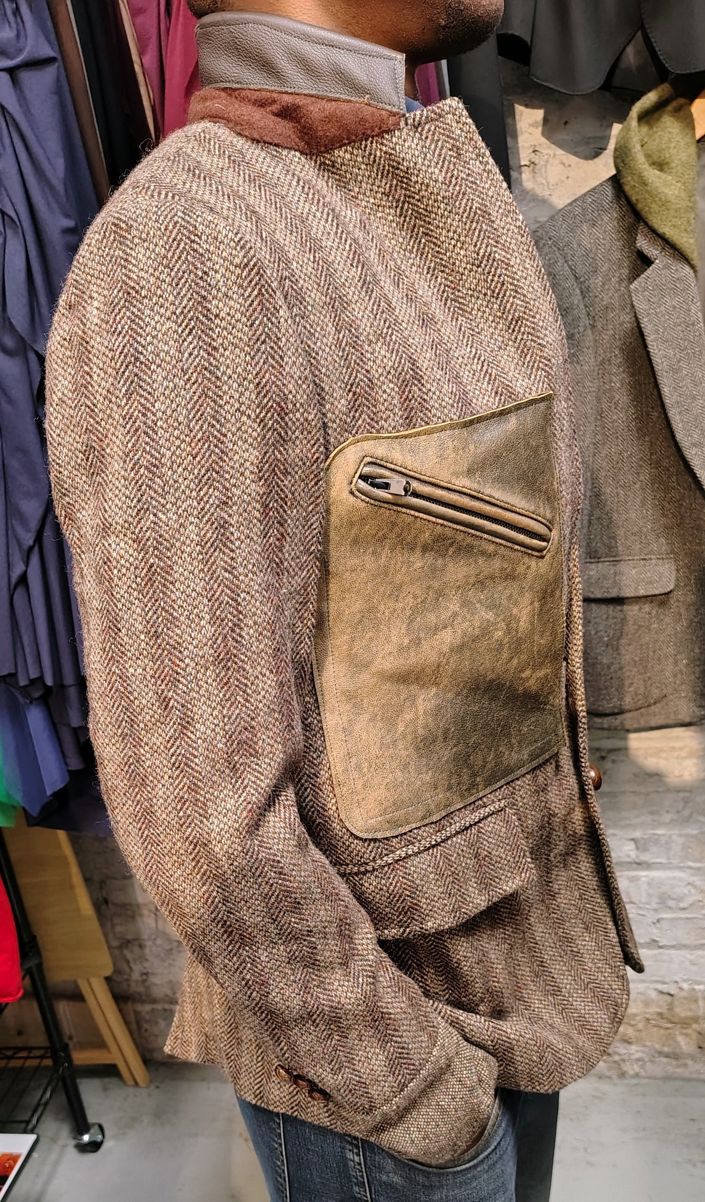 Deep beige tweed wool jacket,Blazer, leather trimmed collar jacket, Mens, Tweed, wool cuff, leather patch pocket, repurposed, one of a kind. Designed by Wendel Johnston