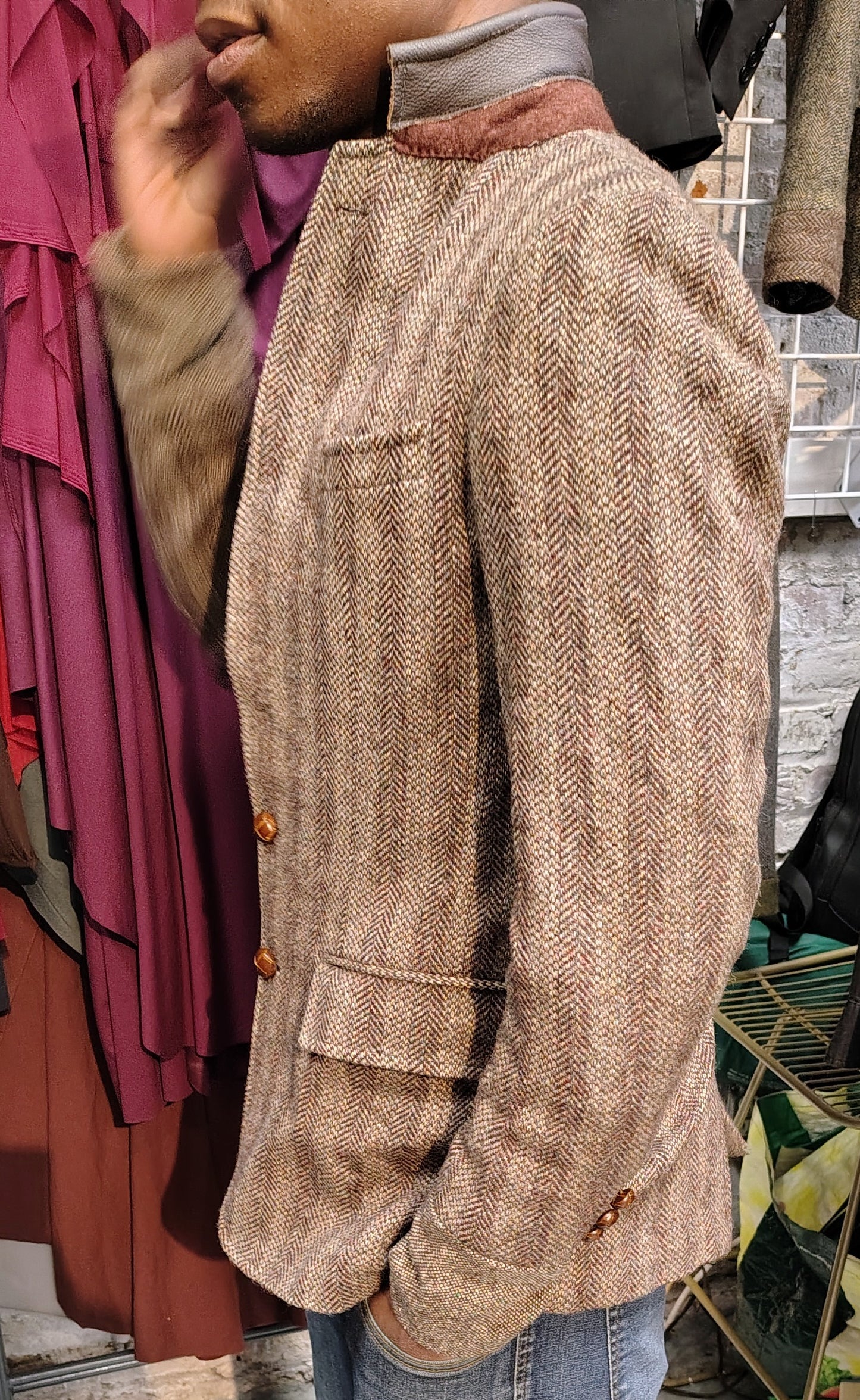 Deep beige tweed wool jacket,Blazer, leather trimmed collar jacket, Mens, Tweed, wool cuff, leather patch pocket, repurposed, one of a kind. Designed by Wendel Johnston