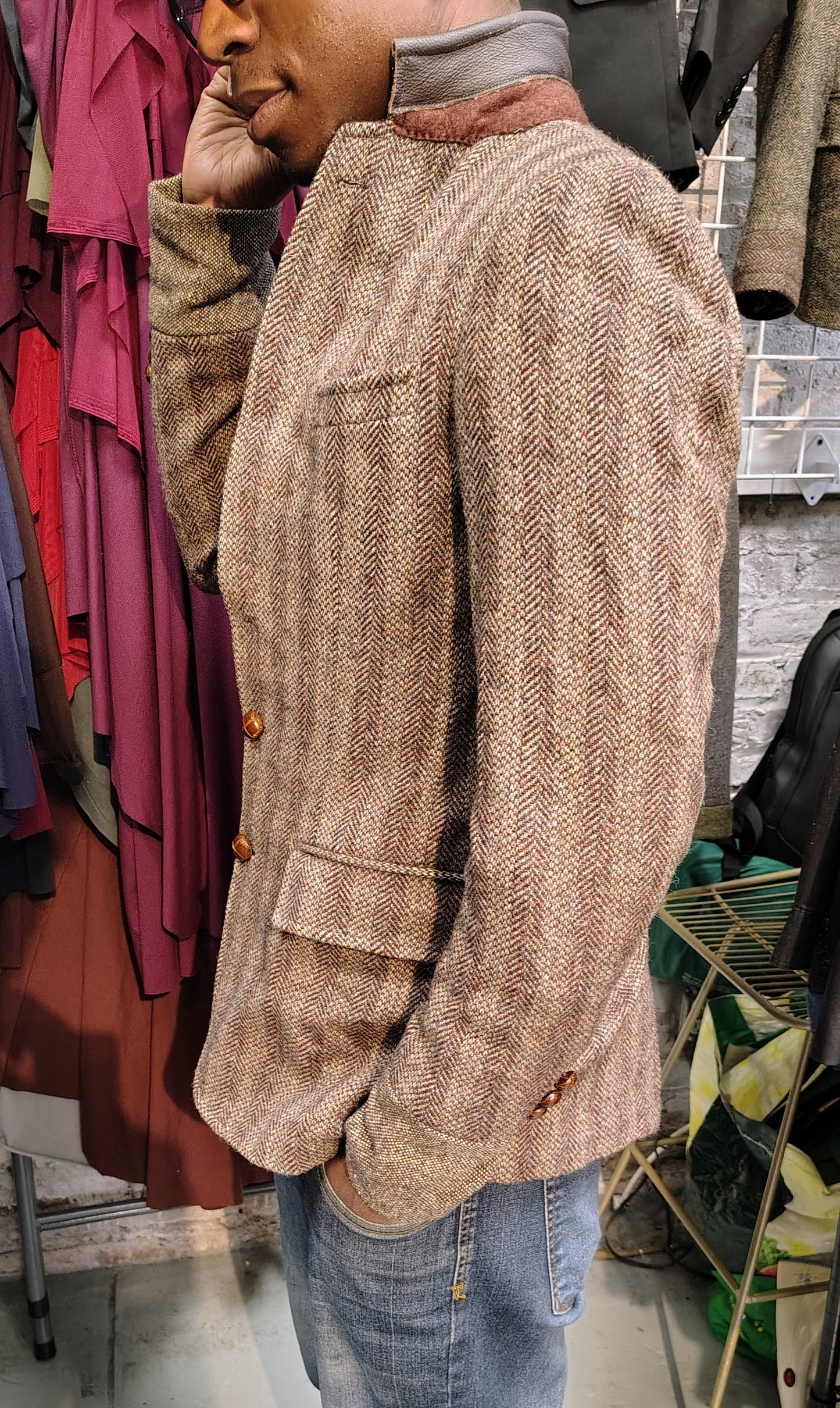 Deep beige tweed wool jacket,Blazer, leather trimmed collar jacket, Mens, Tweed, wool cuff, leather patch pocket, repurposed, one of a kind. Designed by Wendel Johnston