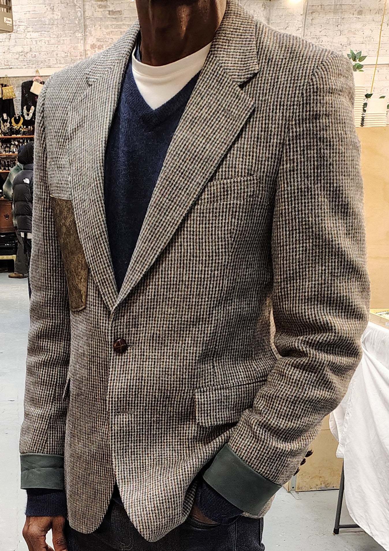 Light grey/beige tweed blazer, wool jacket, tweed jacket, Mens, Tweed, leather cuffs, leather patch pocket, repurposed, one of a kind. Designed by Wendel Johnston