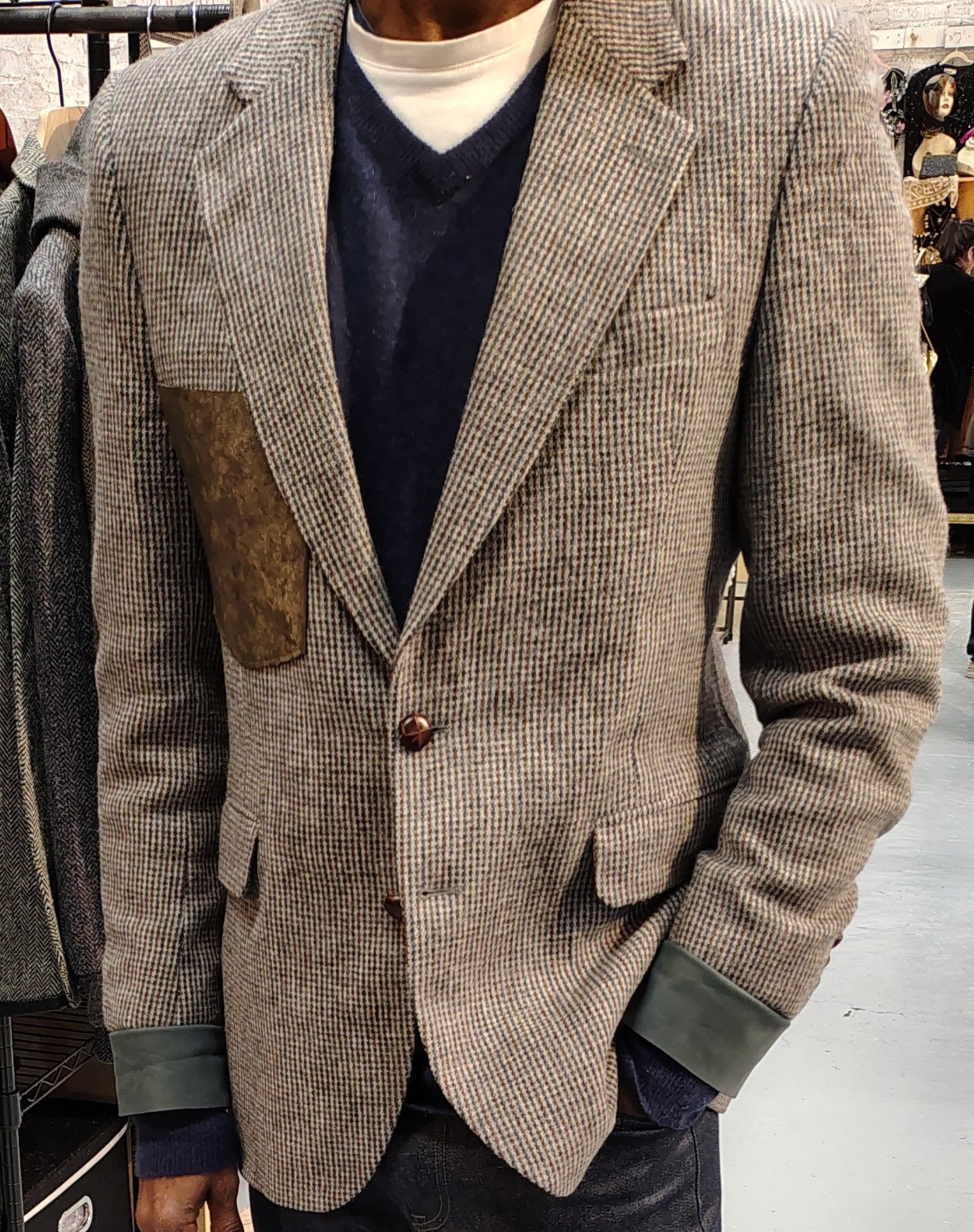 Light grey/beige tweed blazer, wool jacket, tweed jacket, Mens, Tweed, leather cuffs, leather patch pocket, repurposed, one of a kind. Designed by Wendel Johnston