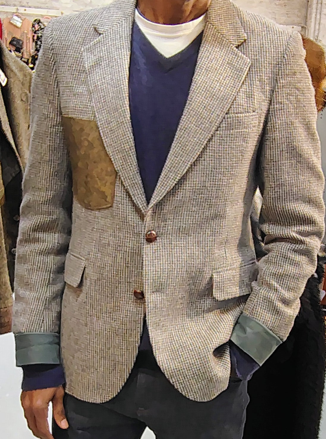 Light grey/beige tweed blazer, wool jacket, tweed jacket, Mens, Tweed, leather cuffs, leather patch pocket, repurposed, one of a kind. Designed by Wendel Johnston