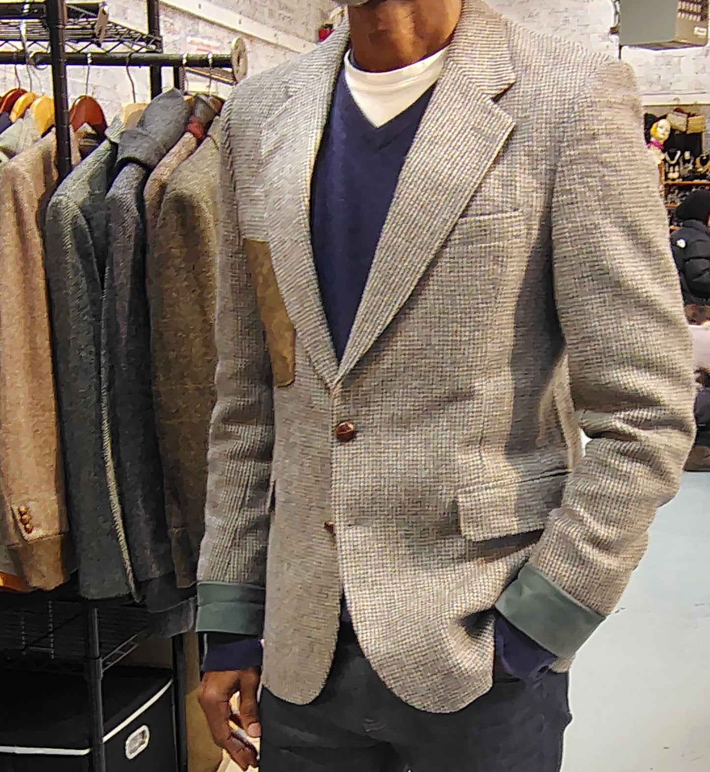 Light grey/beige tweed blazer, wool jacket, tweed jacket, Mens, Tweed, leather cuffs, leather patch pocket, repurposed, one of a kind. Designed by Wendel Johnston