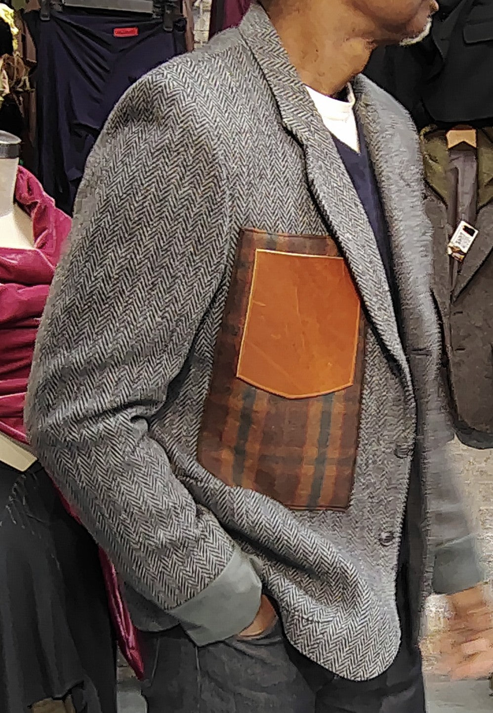 Grey tweed blazer, wool jacket, Harris tweed jacket, Mens, Tweed, leather cuffs, leather patch pocket, repurposed, one of a kind. Designed by Wendel Johnston