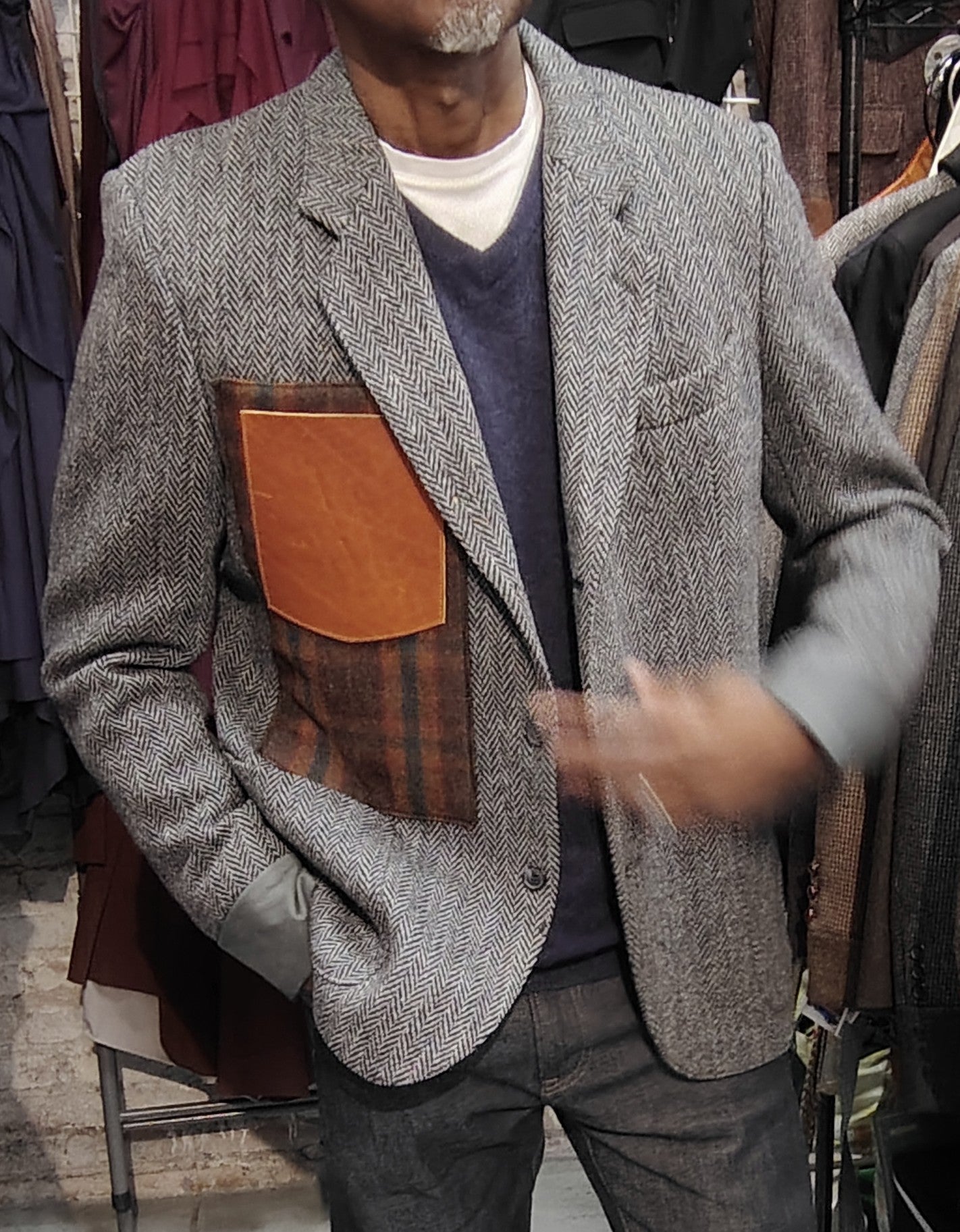 Grey tweed blazer, wool jacket, Harris tweed jacket, Mens, Tweed, leather cuffs, leather patch pocket, repurposed, one of a kind. Designed by Wendel Johnston