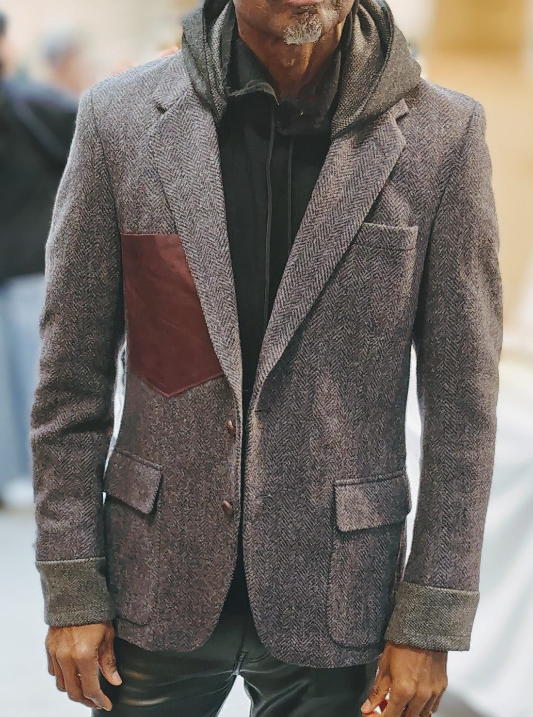 Grey tweed hooded blazer, wool jacket, tweed jacket, Mens, Tweed, wool cuffs, leather patch pocket, repurposed, one of a kind. Designed by Wendel Johnston