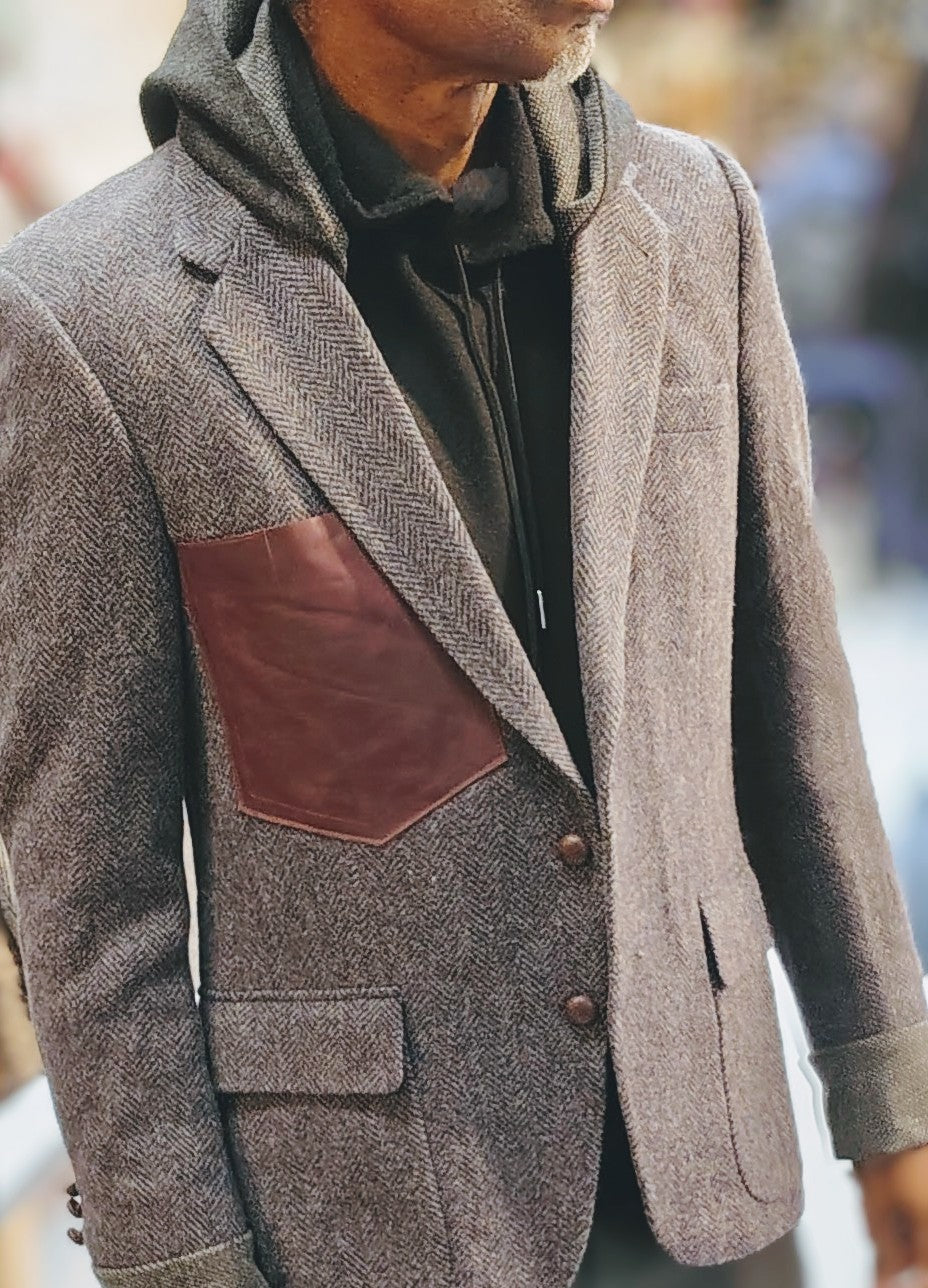 Grey tweed hooded blazer, wool jacket, tweed jacket, Mens, Tweed, wool cuffs, leather patch pocket, repurposed, one of a kind. Designed by Wendel Johnston