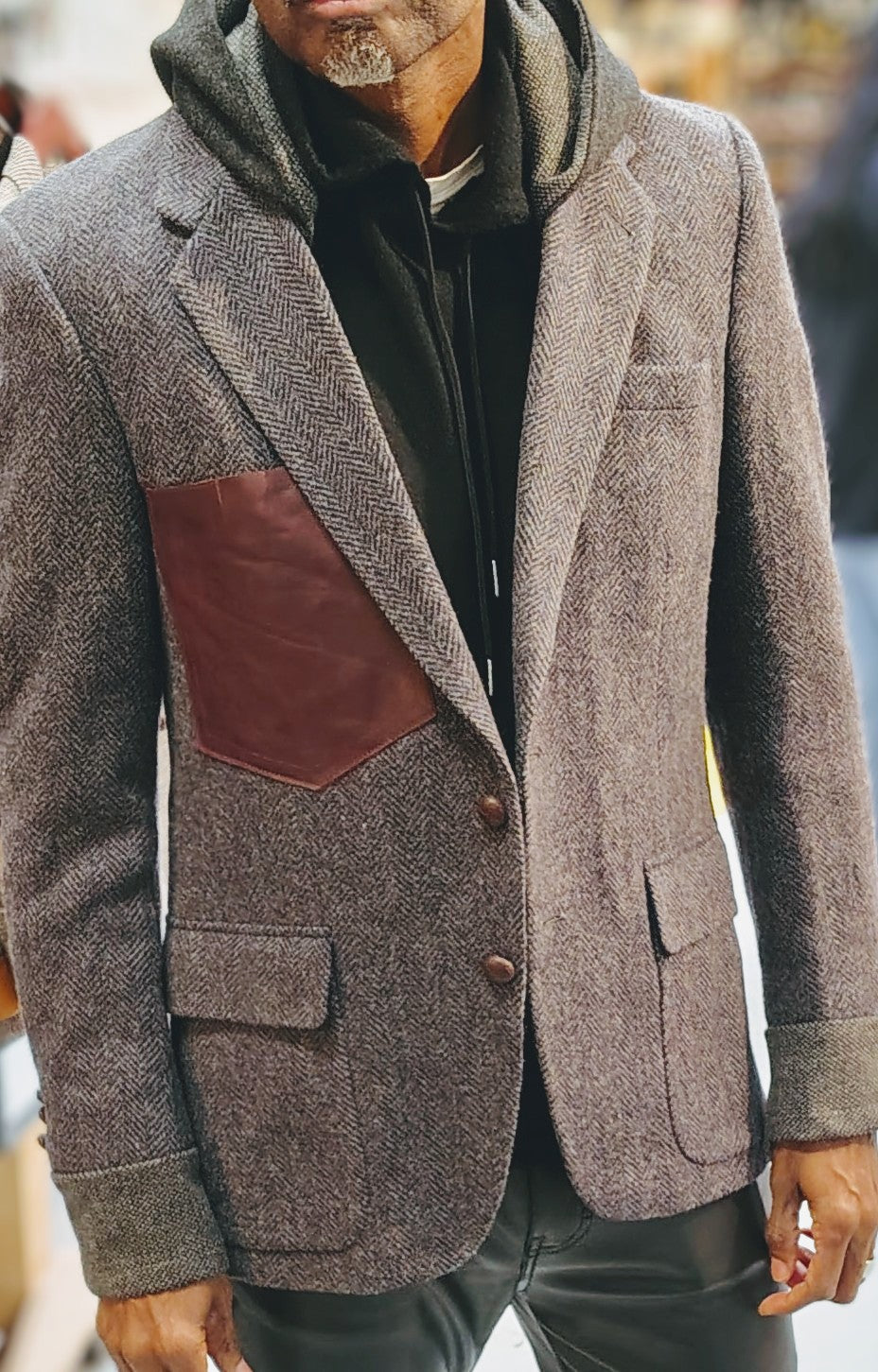 Grey tweed hooded blazer, wool jacket, tweed jacket, Mens, Tweed, wool cuffs, leather patch pocket, repurposed, one of a kind. Designed by Wendel Johnston