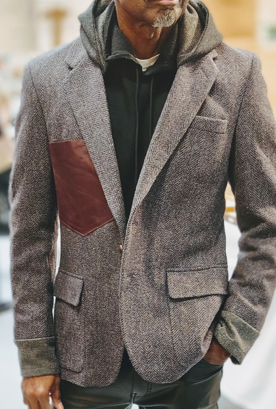 Grey tweed hooded blazer, wool jacket, tweed jacket, Mens, Tweed, wool cuffs, leather patch pocket, repurposed, one of a kind. Designed by Wendel Johnston