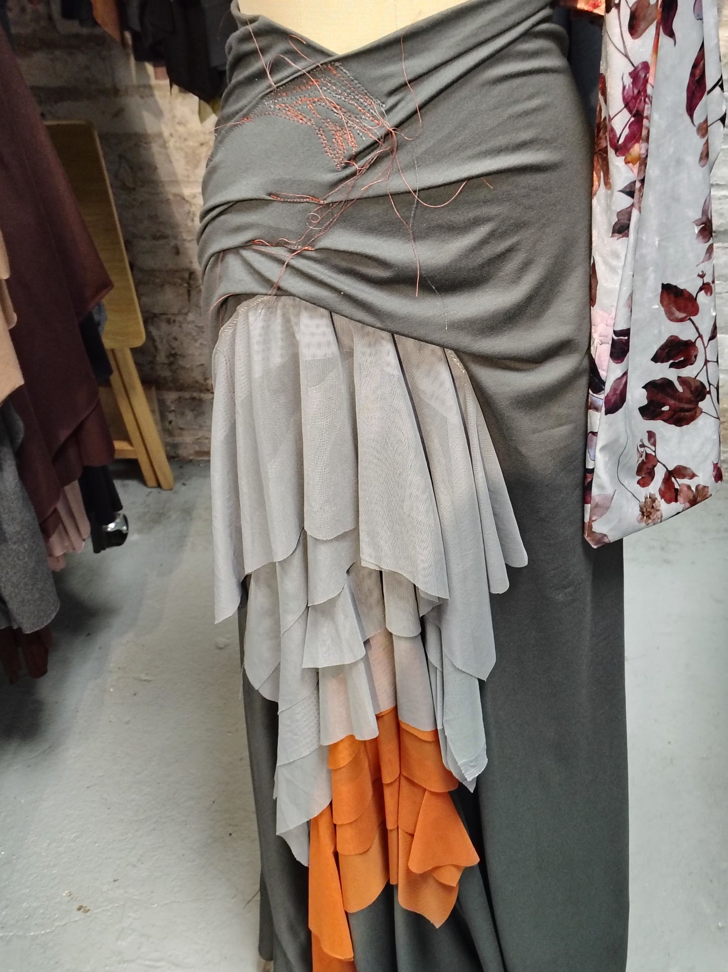 Rayon Lycra Maxi drape skirt with is doubled for support. Mesh fabric brings lots of movement. Size 8-10