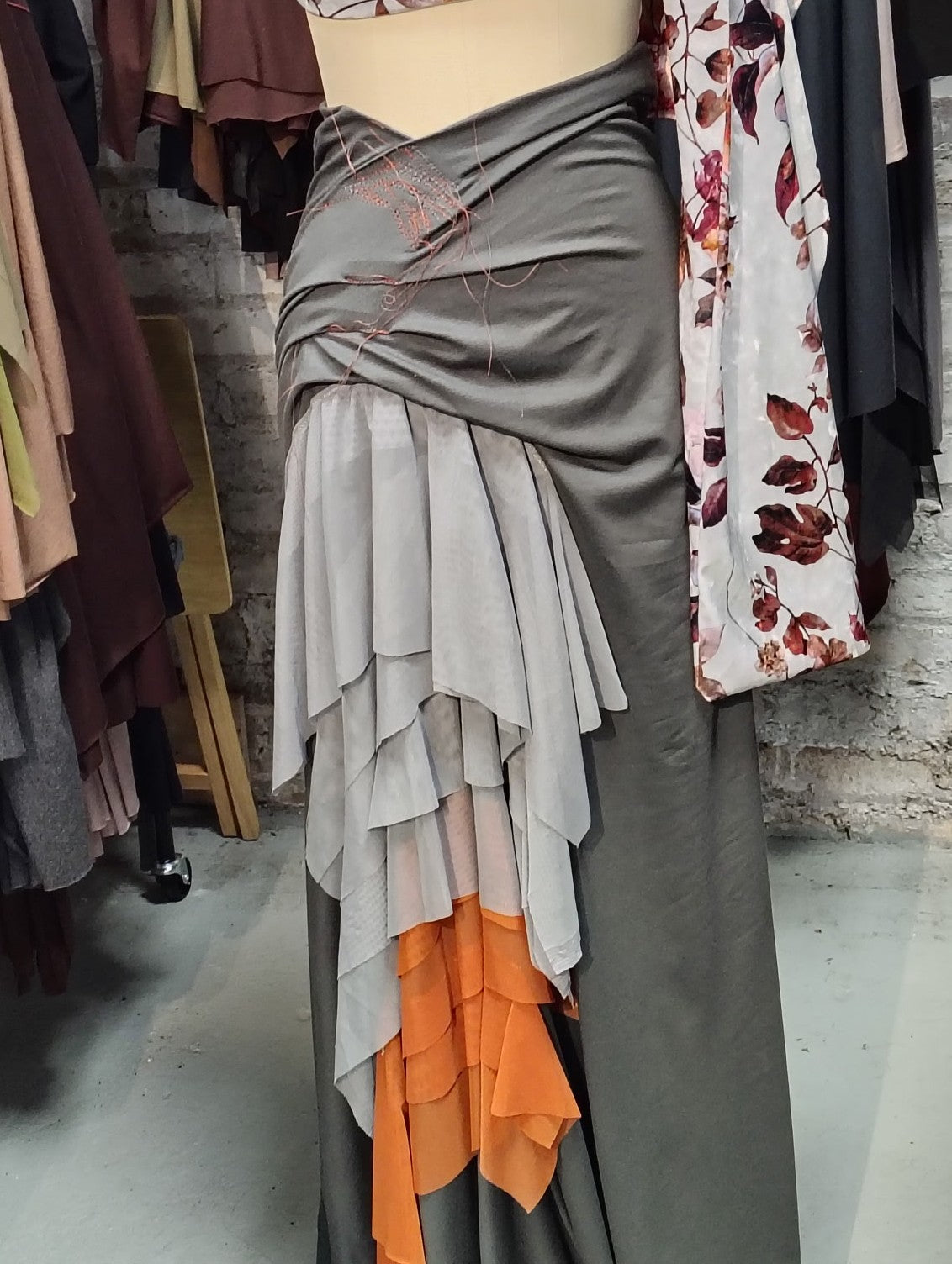 Rayon Lycra Maxi drape skirt with is doubled for support. Mesh fabric brings lots of movement. Size 8-10