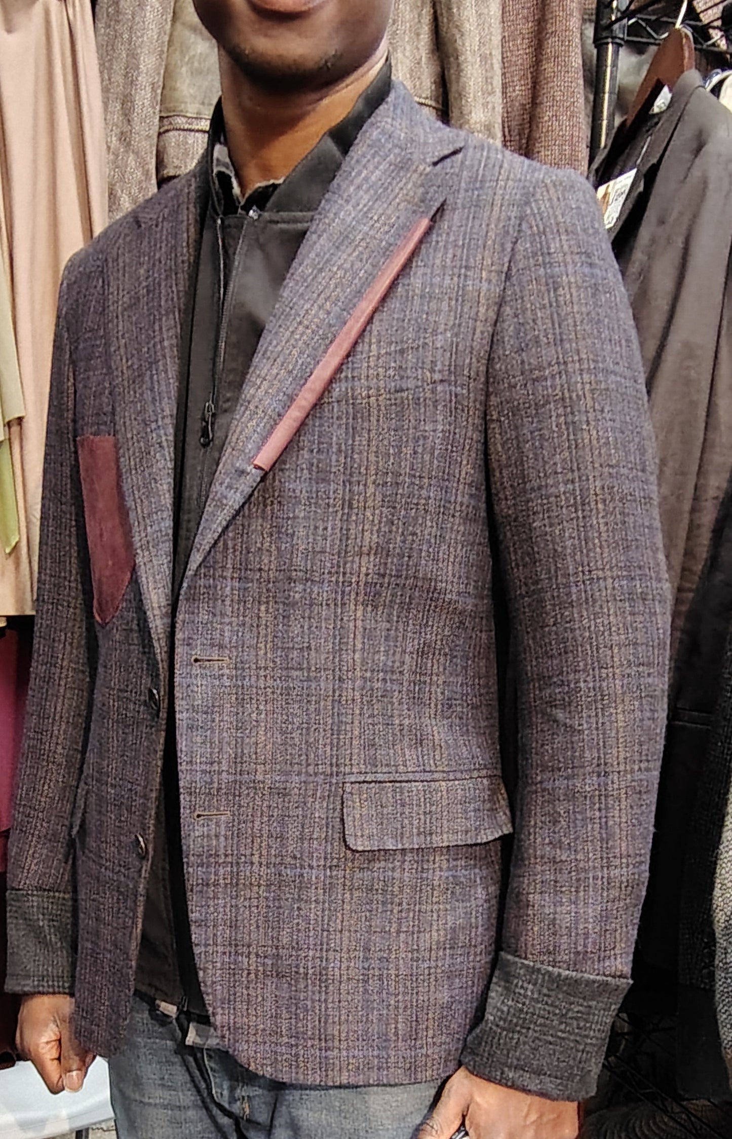 Brownish maroon tweed blazer, wool jacket, tweed jacket, Mens, soft tweed, dark gray wool cuffs, leather patch pocket, repurposed, one of a kind. Designed by Wendel Johnston