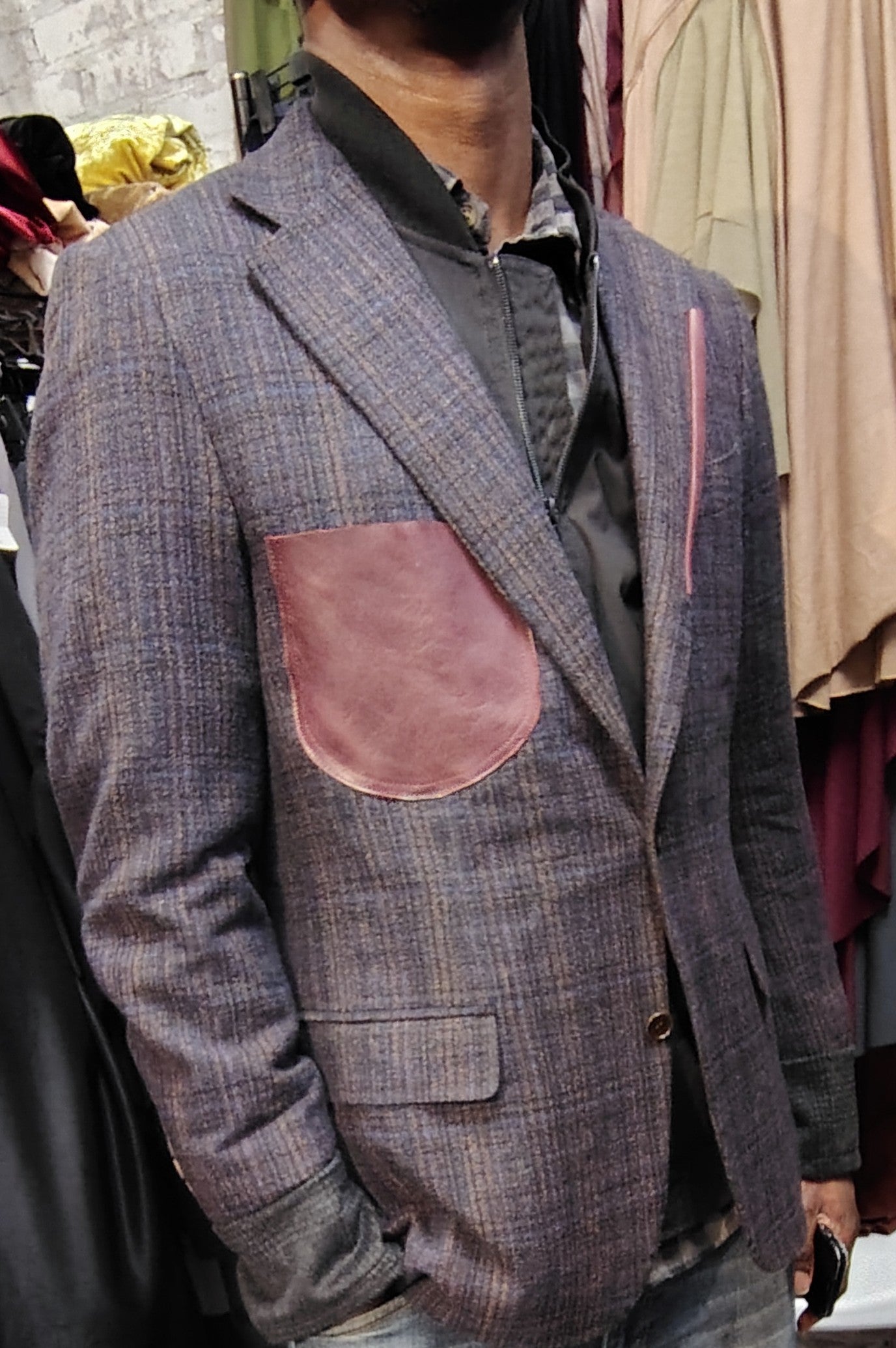 Brownish maroon tweed blazer, wool jacket, tweed jacket, Mens, soft tweed, dark gray wool cuffs, leather patch pocket, repurposed, one of a kind. Designed by Wendel Johnston