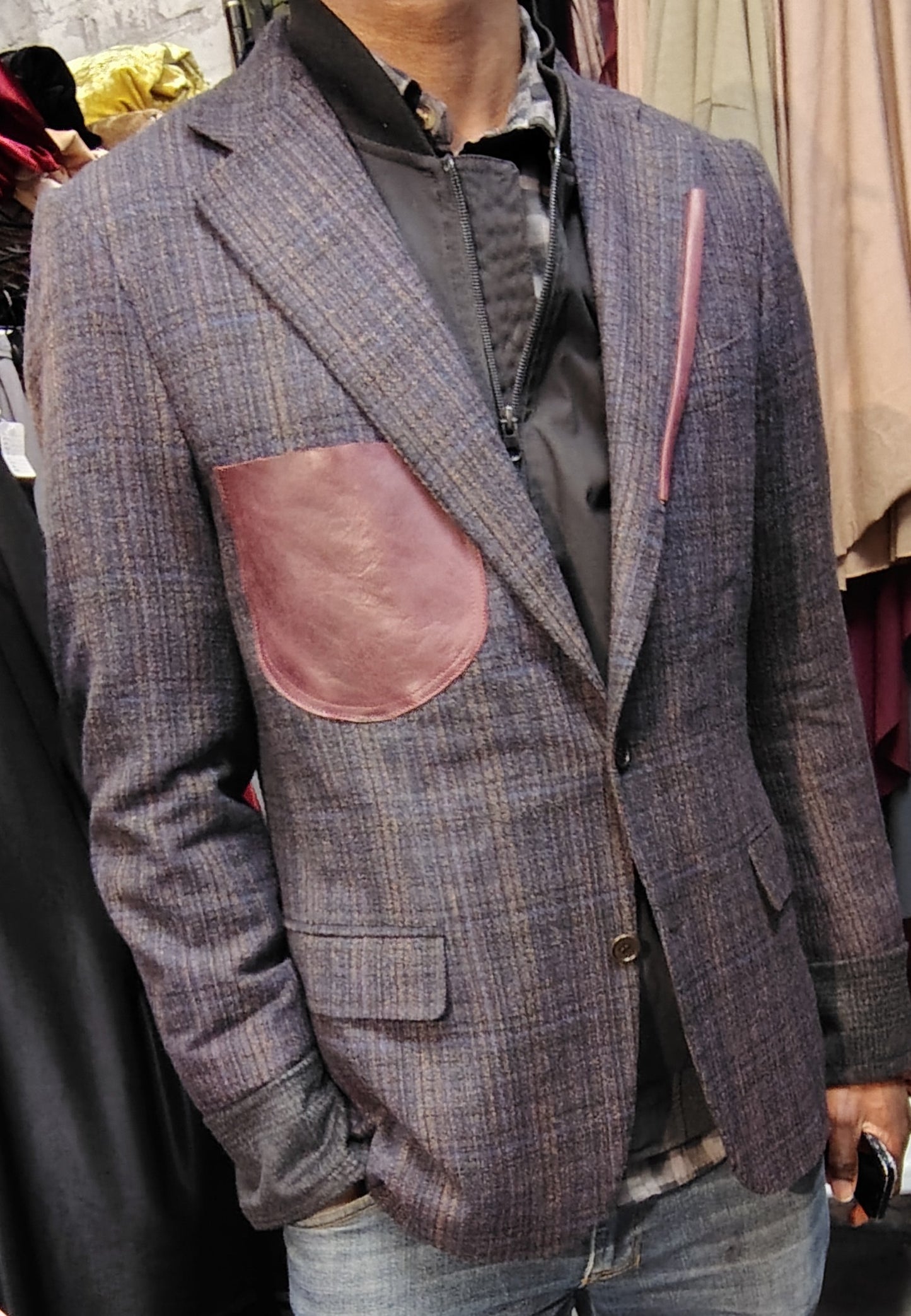 Brownish maroon tweed blazer, wool jacket, tweed jacket, Mens, soft tweed, dark gray wool cuffs, leather patch pocket, repurposed, one of a kind. Designed by Wendel Johnston