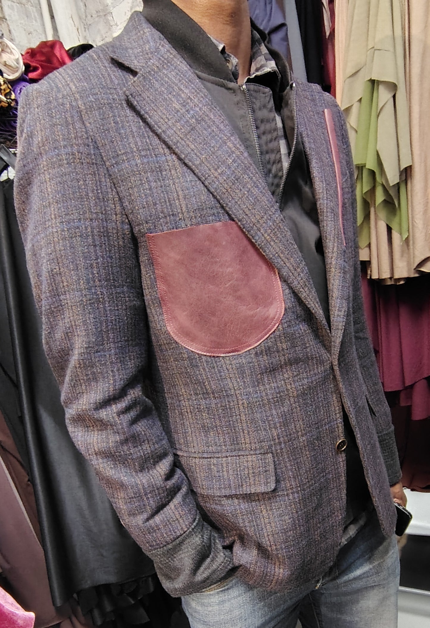 Brownish maroon tweed blazer, wool jacket, tweed jacket, Mens, soft tweed, dark gray wool cuffs, leather patch pocket, repurposed, one of a kind. Designed by Wendel Johnston