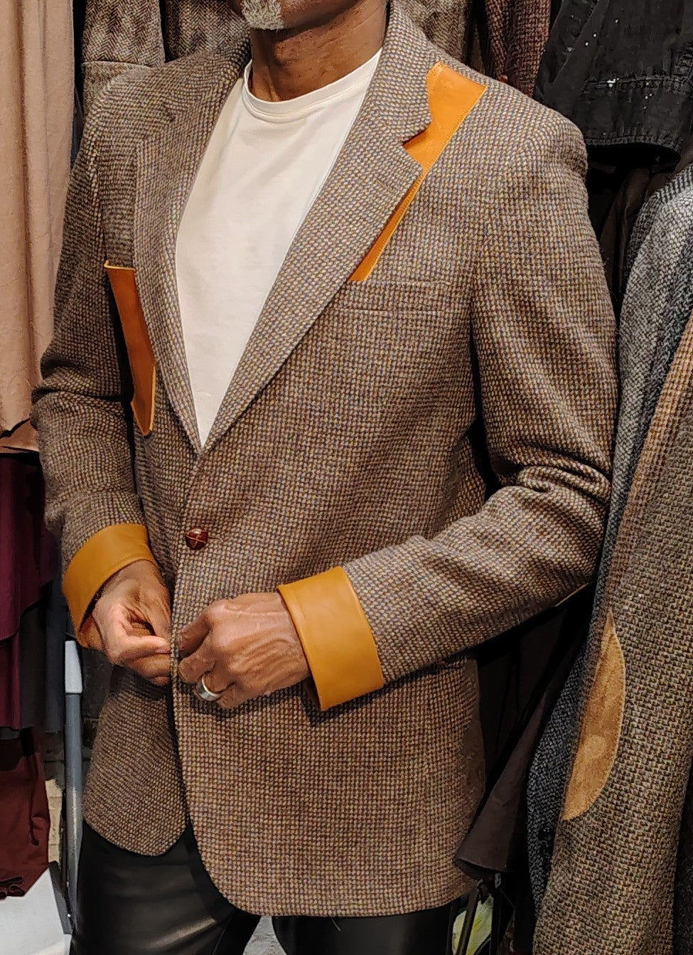 Beige tweed blazer, wool jacket, tweed jacket, Mens, Tweed, leather cuffs, leather patch pocket, repurposed, one of a kind. Designed by Wendel Johnston
