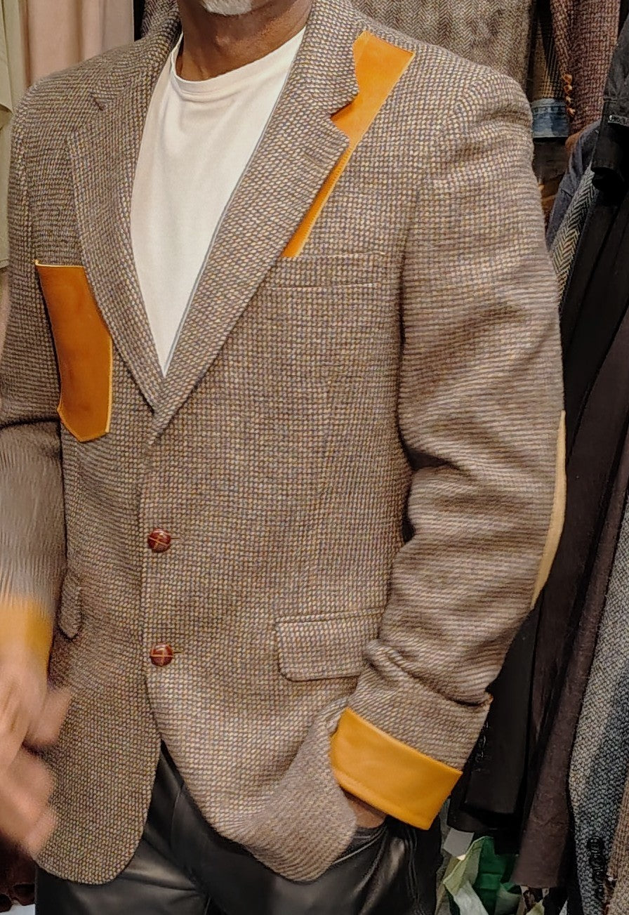 Beige tweed blazer, wool jacket, tweed jacket, Mens, Tweed, leather cuffs, leather patch pocket, repurposed, one of a kind. Designed by Wendel Johnston